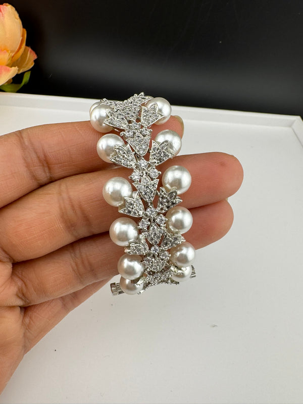Premium Silver Color Bracelet with Pearls, Cubic Zirconia Openable is Designer inspired Bracelet bangles/Indian Kada/Wedding jewelry/Bangle