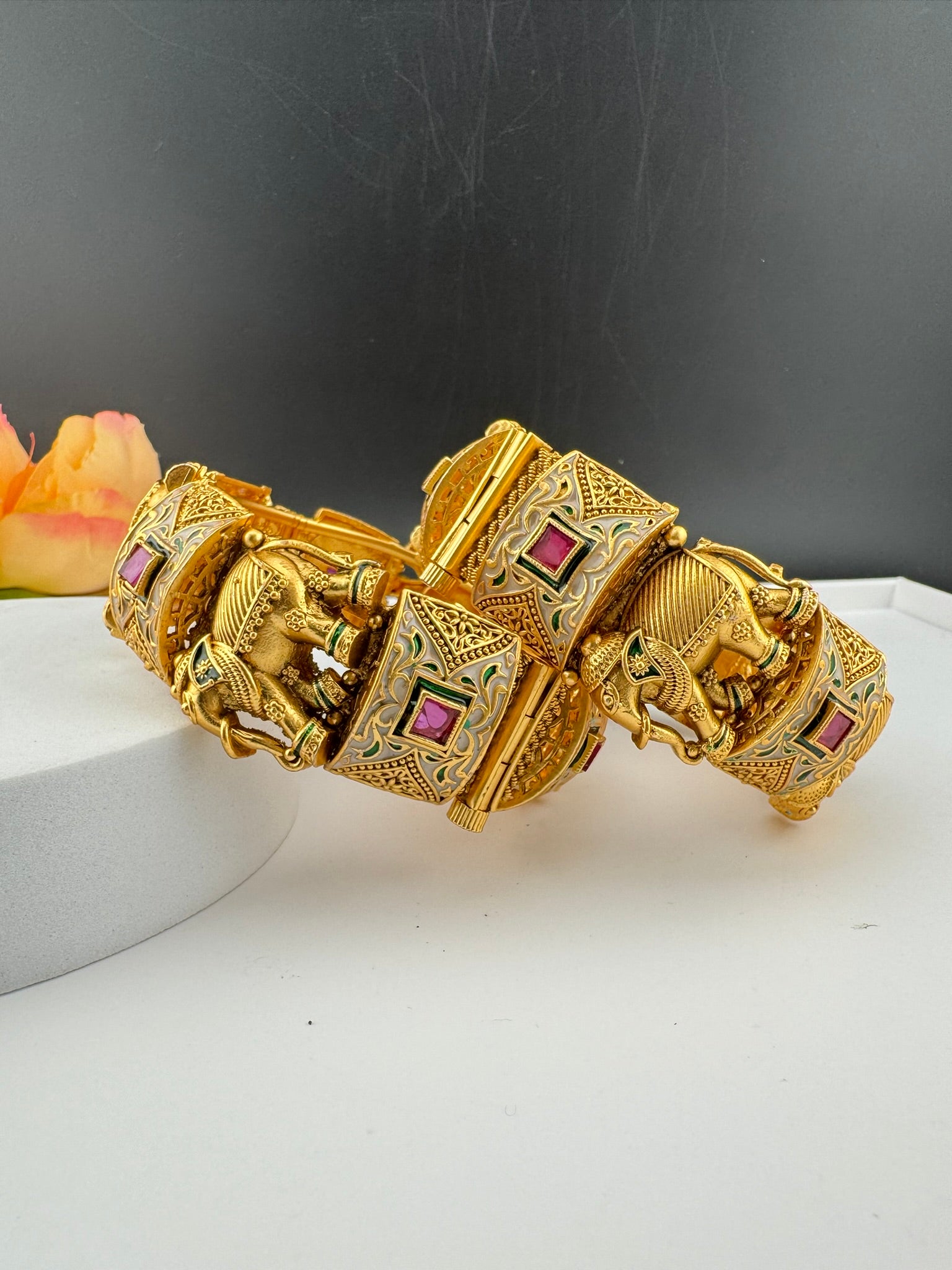 Openable Matt Gold, Enamel, Kundan kada is Amrapali inspired Designer bangles set/Indian Kada/Temple jewelry/Rajwadi Bangle/Size 2.4" & 2.6"