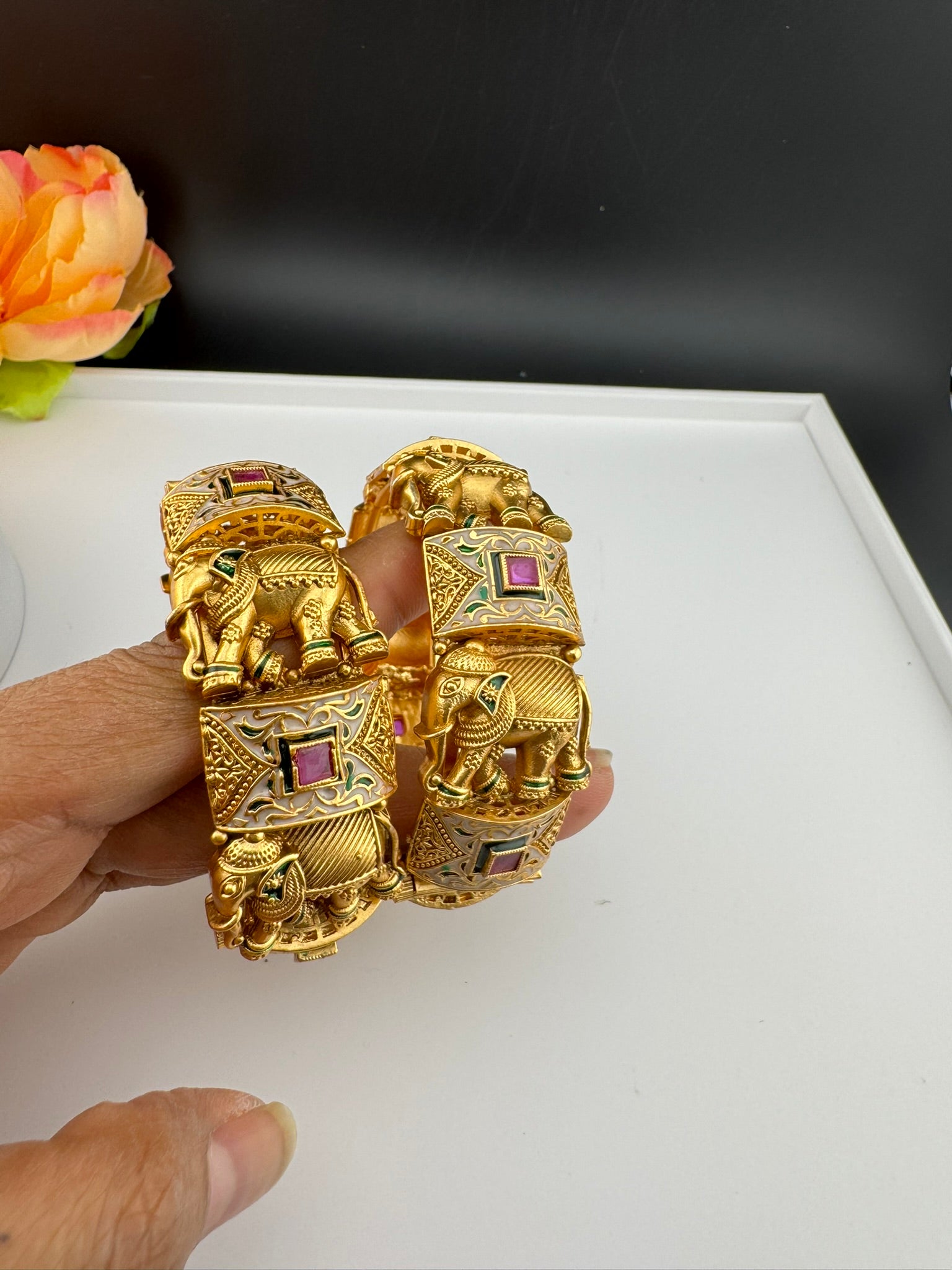 Openable Matt Gold, Enamel, Kundan kada is Amrapali inspired Designer bangles set/Indian Kada/Temple jewelry/Rajwadi Bangle/Size 2.4" & 2.6"