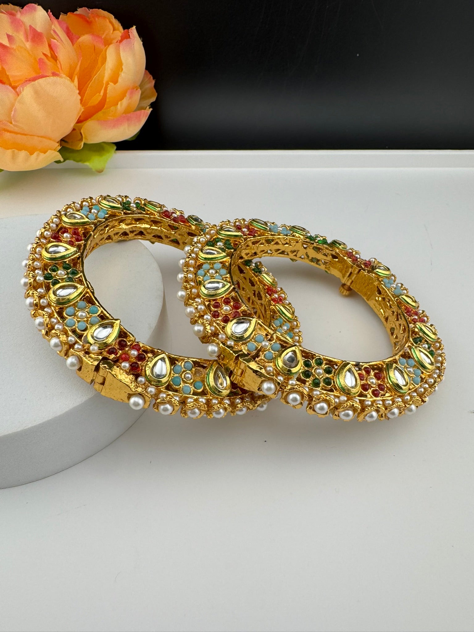 Openable Jadau Pacheli kada with pearls, kundan is Amrapali inspired Designer bangles set/Indian Kada/Temple jewelry/Rajwadi Bangle/Size 2.4" & 2.8"