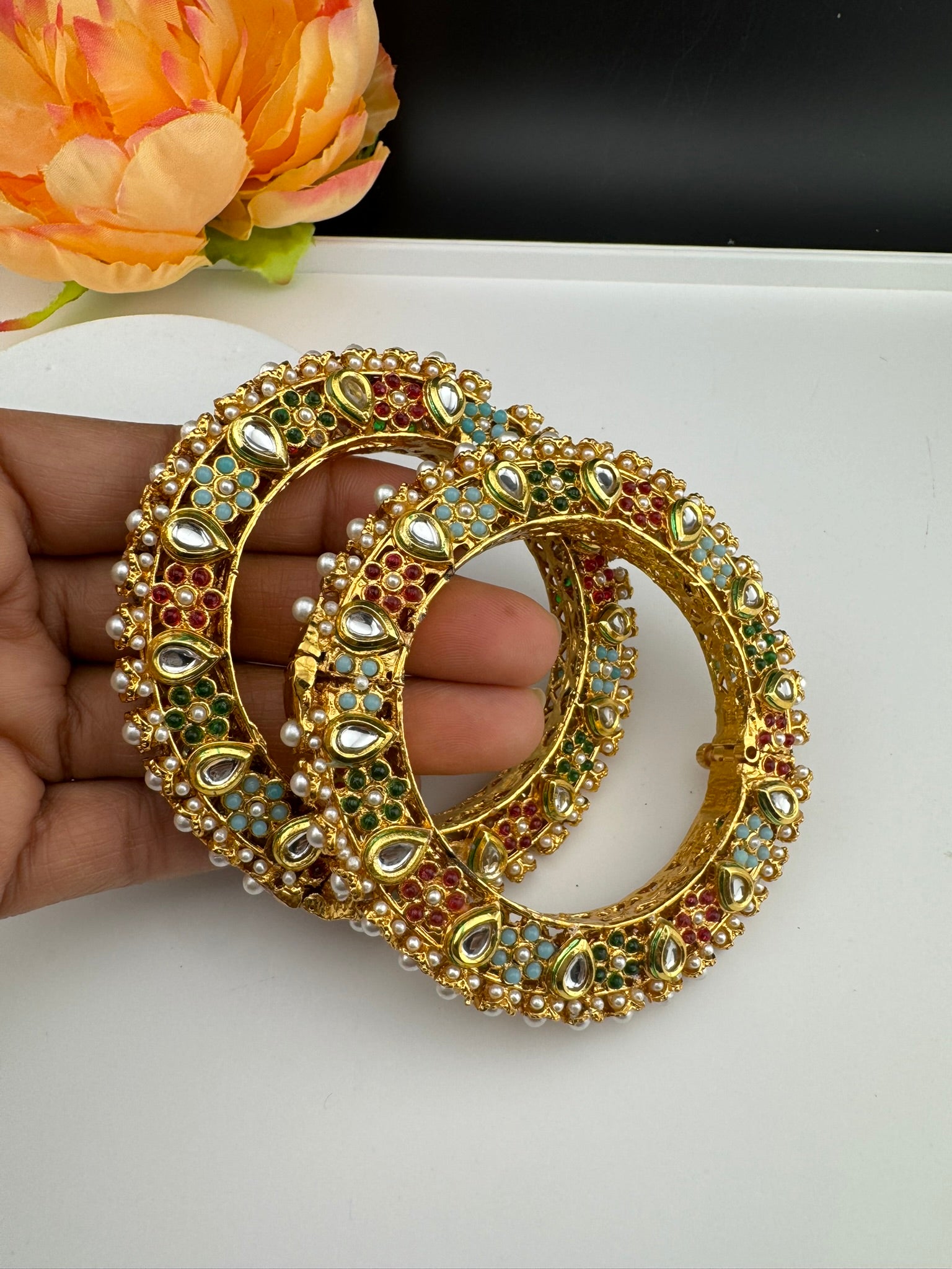 Openable Jadau Pacheli kada with pearls, kundan is Amrapali inspired Designer bangles set/Indian Kada/Temple jewelry/Rajwadi Bangle/Size 2.4" & 2.8"