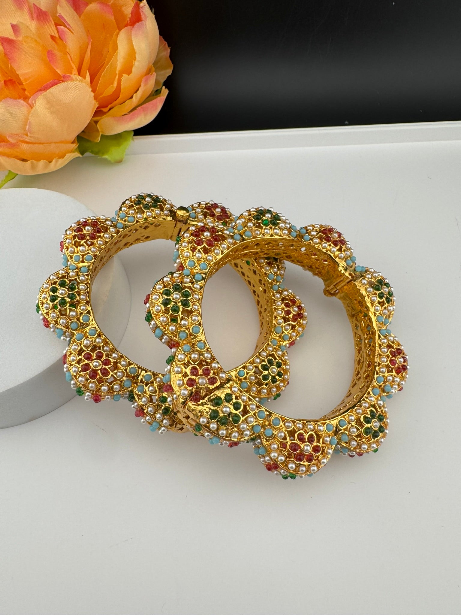 Openable Jadau Pacheli kada with pearls, kundan is Amrapali inspired Designer bangles set/Indian Kada/Temple jewelry/Rajwadi Bangle/Size 2.4" & 2.8"