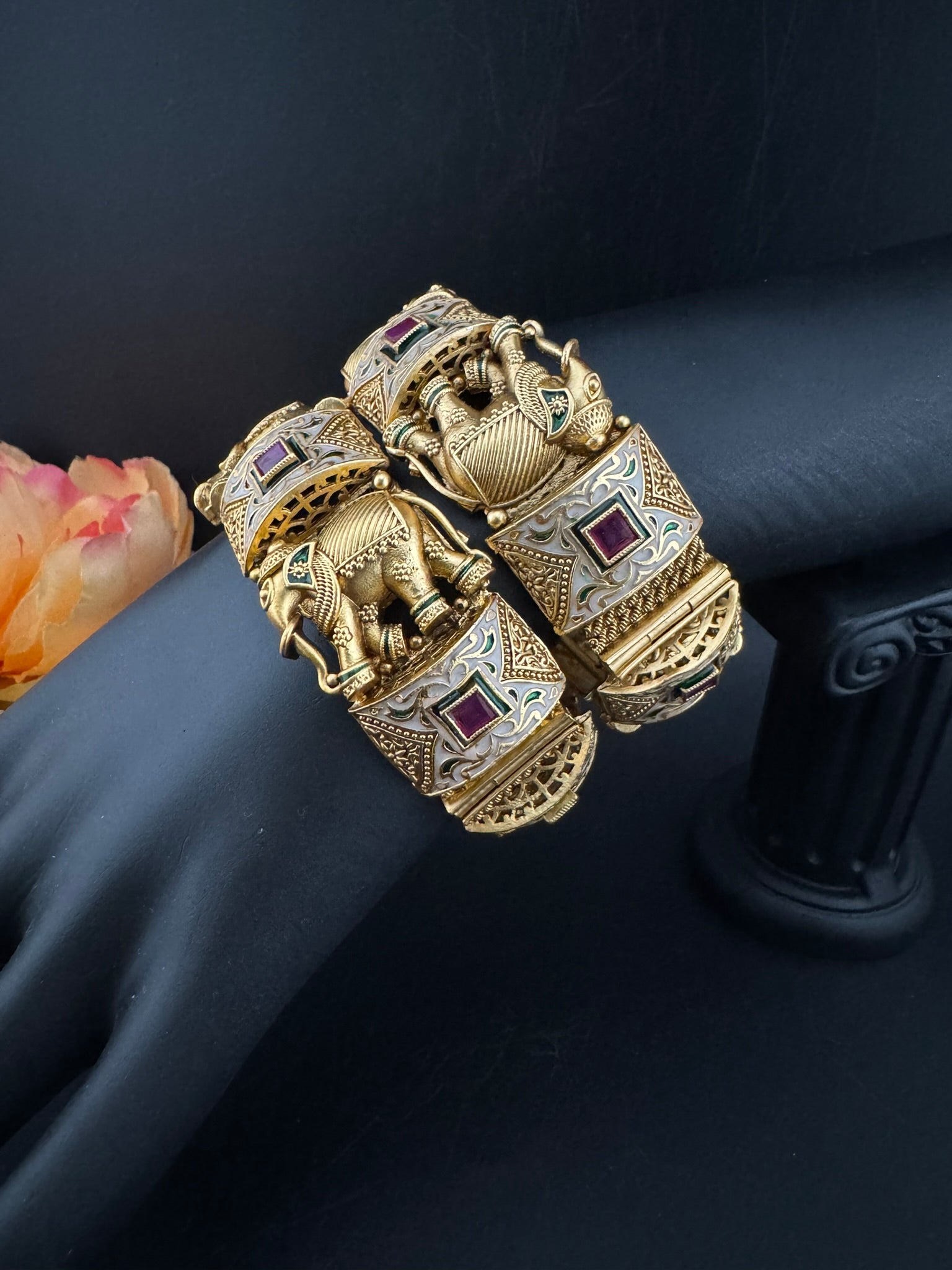 Openable Matt Gold, Enamel, Kundan kada is Amrapali inspired Designer bangles set/Indian Kada/Temple jewelry/Rajwadi Bangle/Size 2.4" & 2.6"