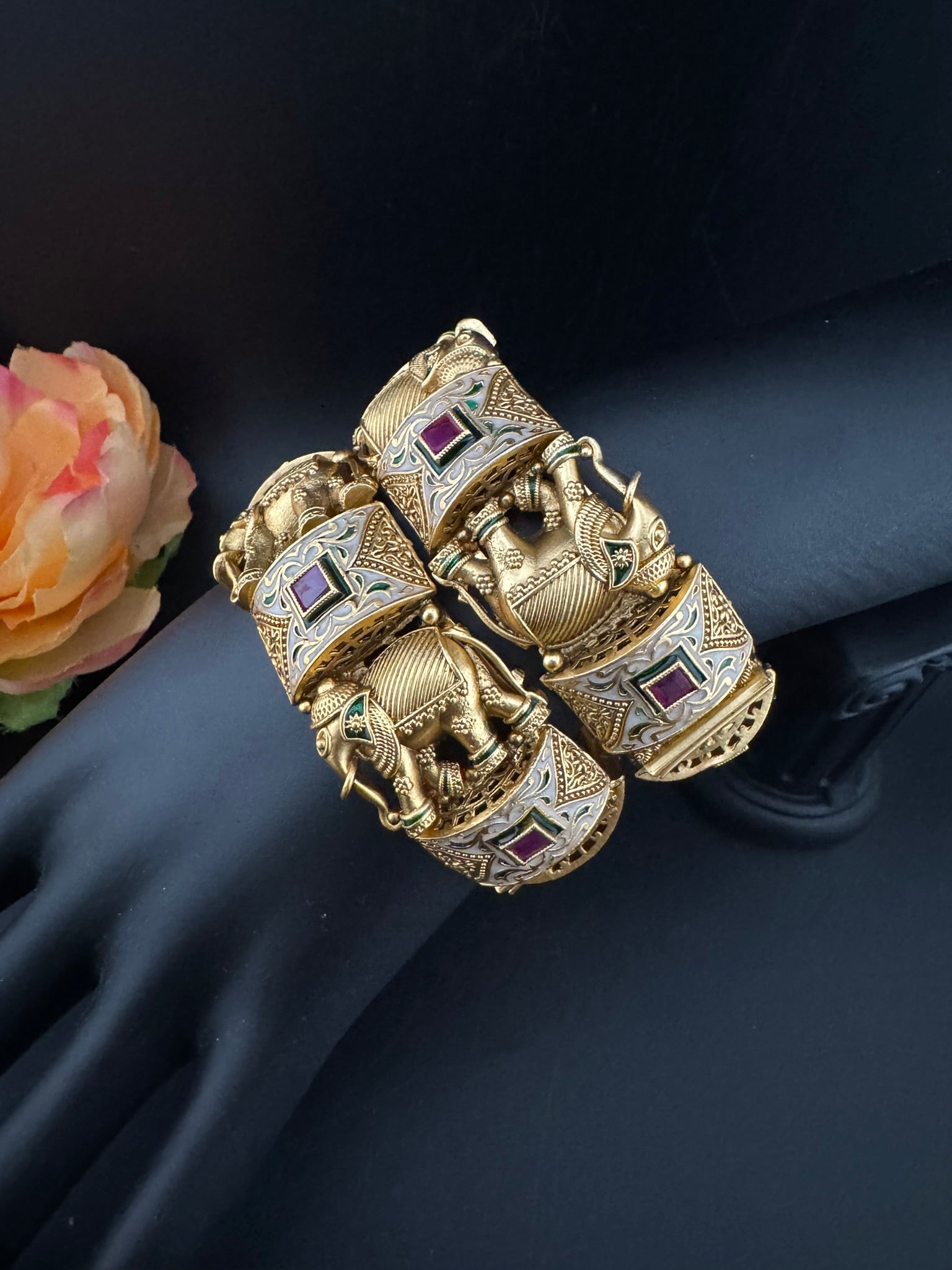 Openable Matt Gold, Enamel, Kundan kada is Amrapali inspired Designer bangles set/Indian Kada/Temple jewelry/Rajwadi Bangle/Size 2.4" & 2.6"