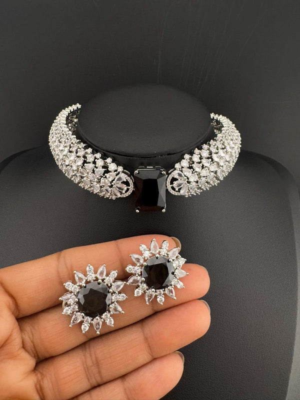 Premium American Diamond Cubic Zirconia, Crystal Stones Choker Necklace set with Studs earrings