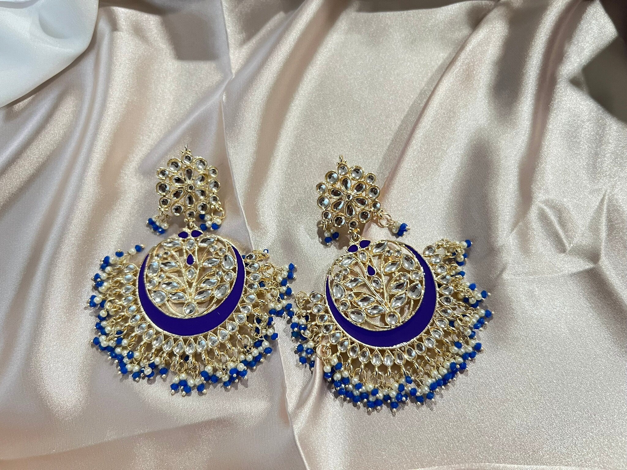 Purple and Gold Punjabi Chandbali with Minakari, kundan and pearls