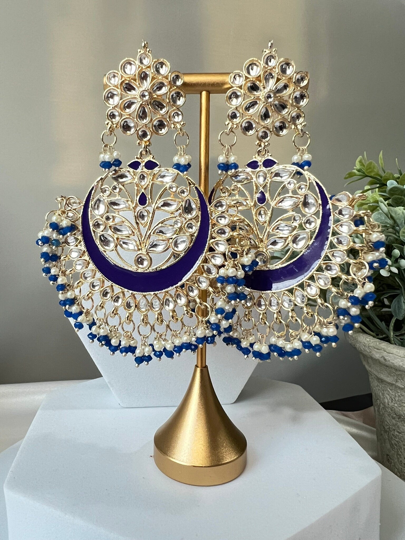 Purple and Gold Punjabi Chandbali with Minakari, kundan and pearls