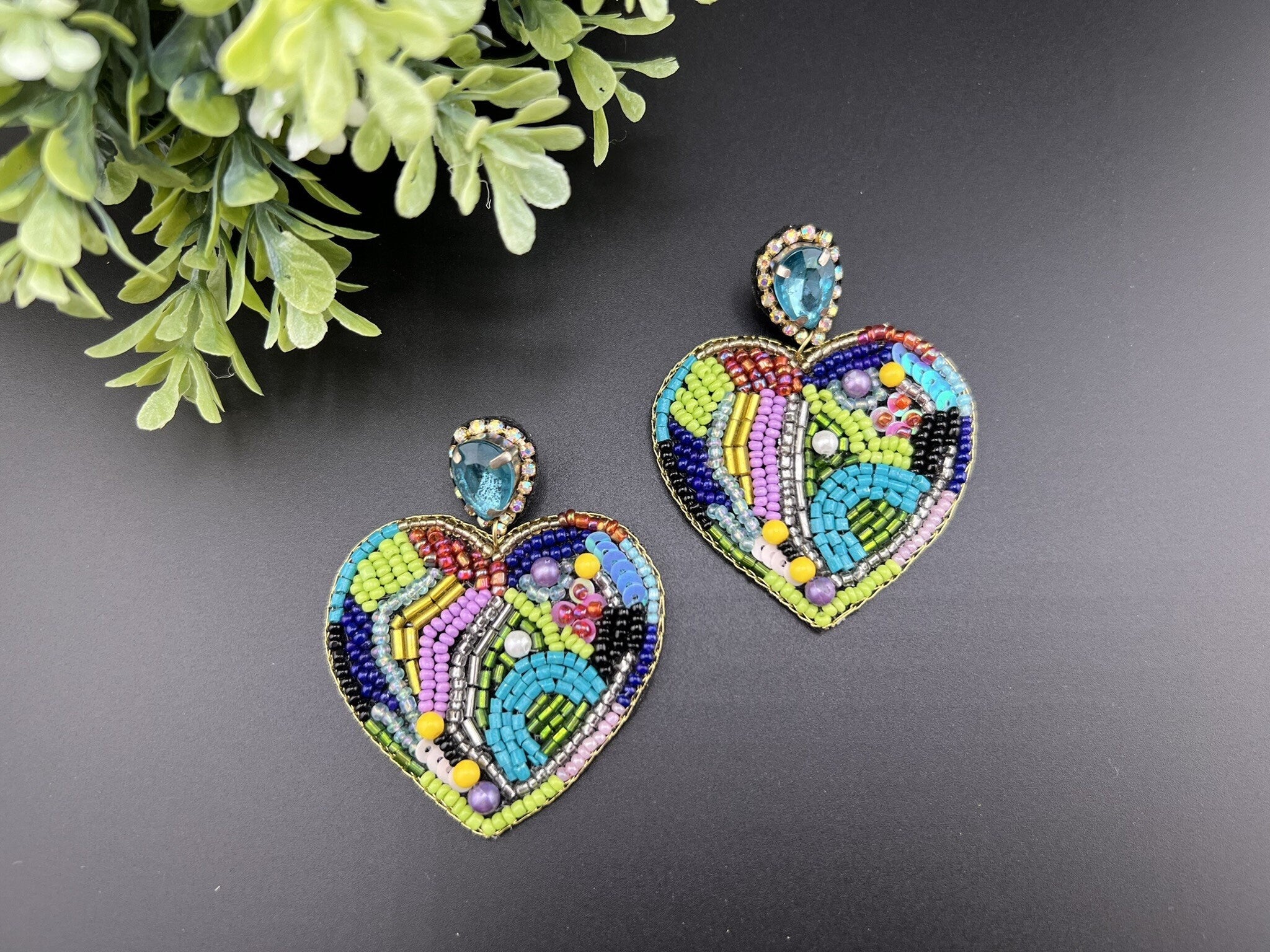 Colorful Heart Shaped Beaded earrings, quirky Handmade earrings