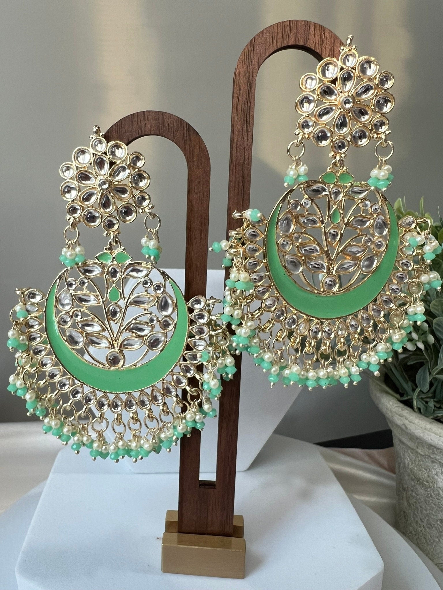 Parrot Green Punjabi Chandbali with Minakari, kundan and pearls