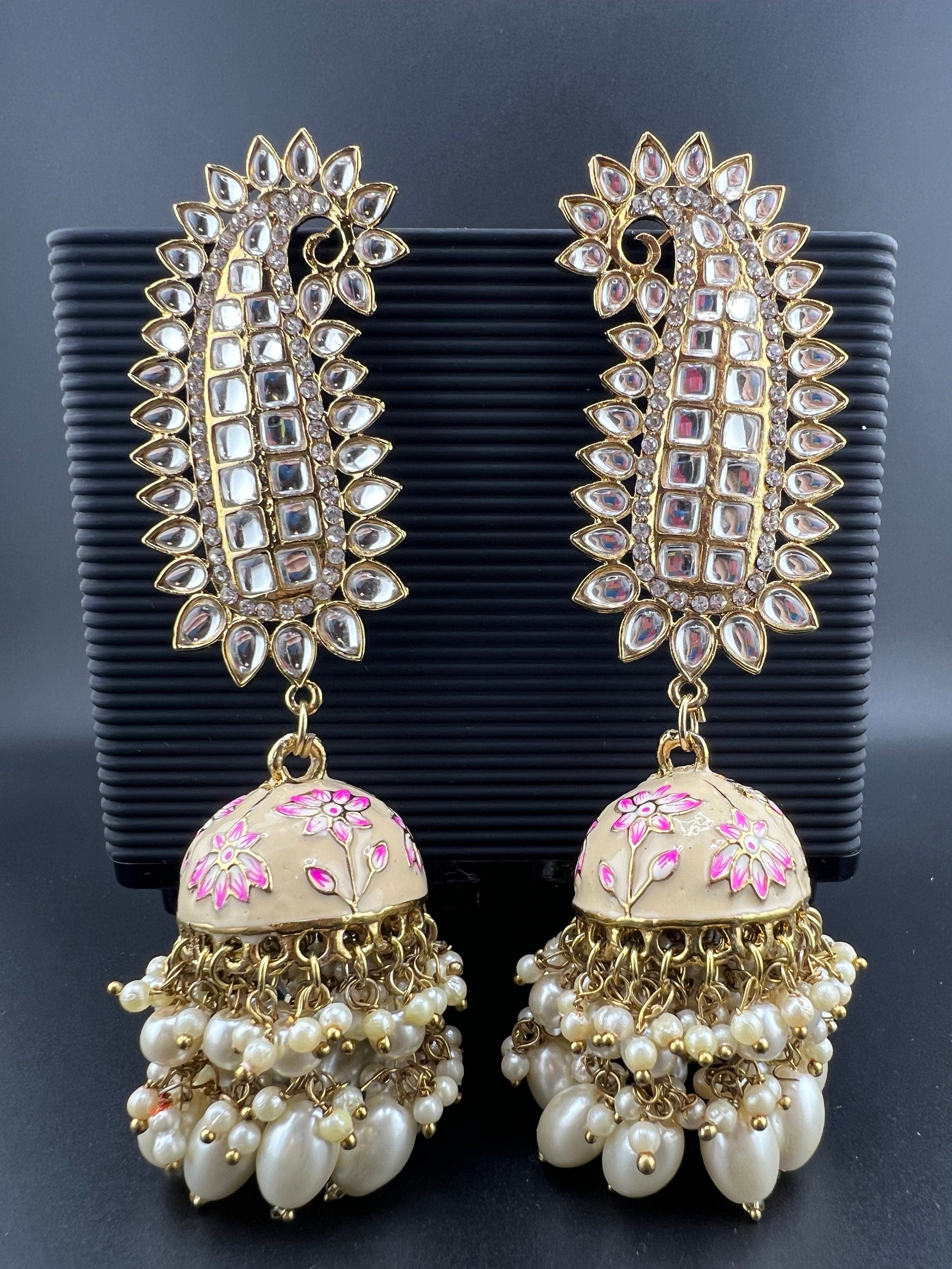 Ivory and Gold Long Jhumka with Minakari work, kundan and pearls details