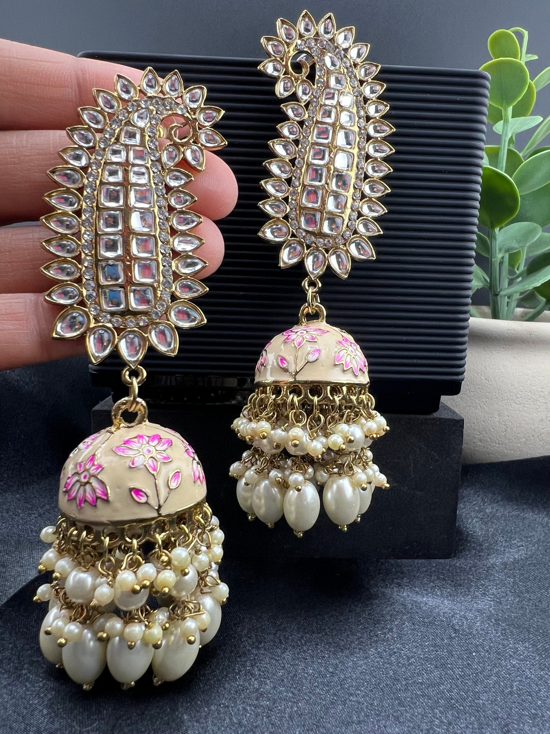 Ivory and Gold Long Jhumka with Minakari work, kundan and pearls details