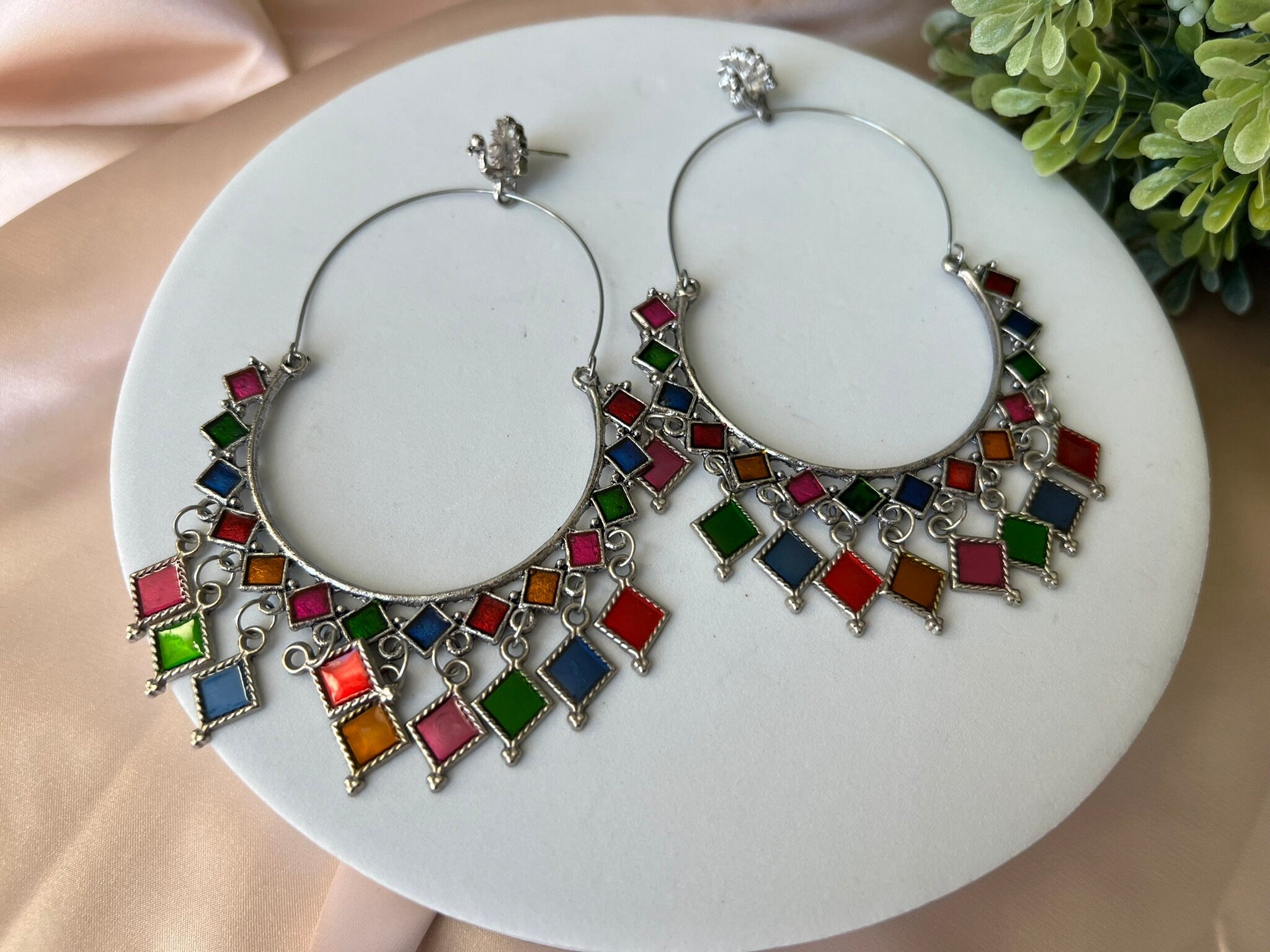 Oversized Multicolor Oxidized German silver Hoop earrings with Enamel details
