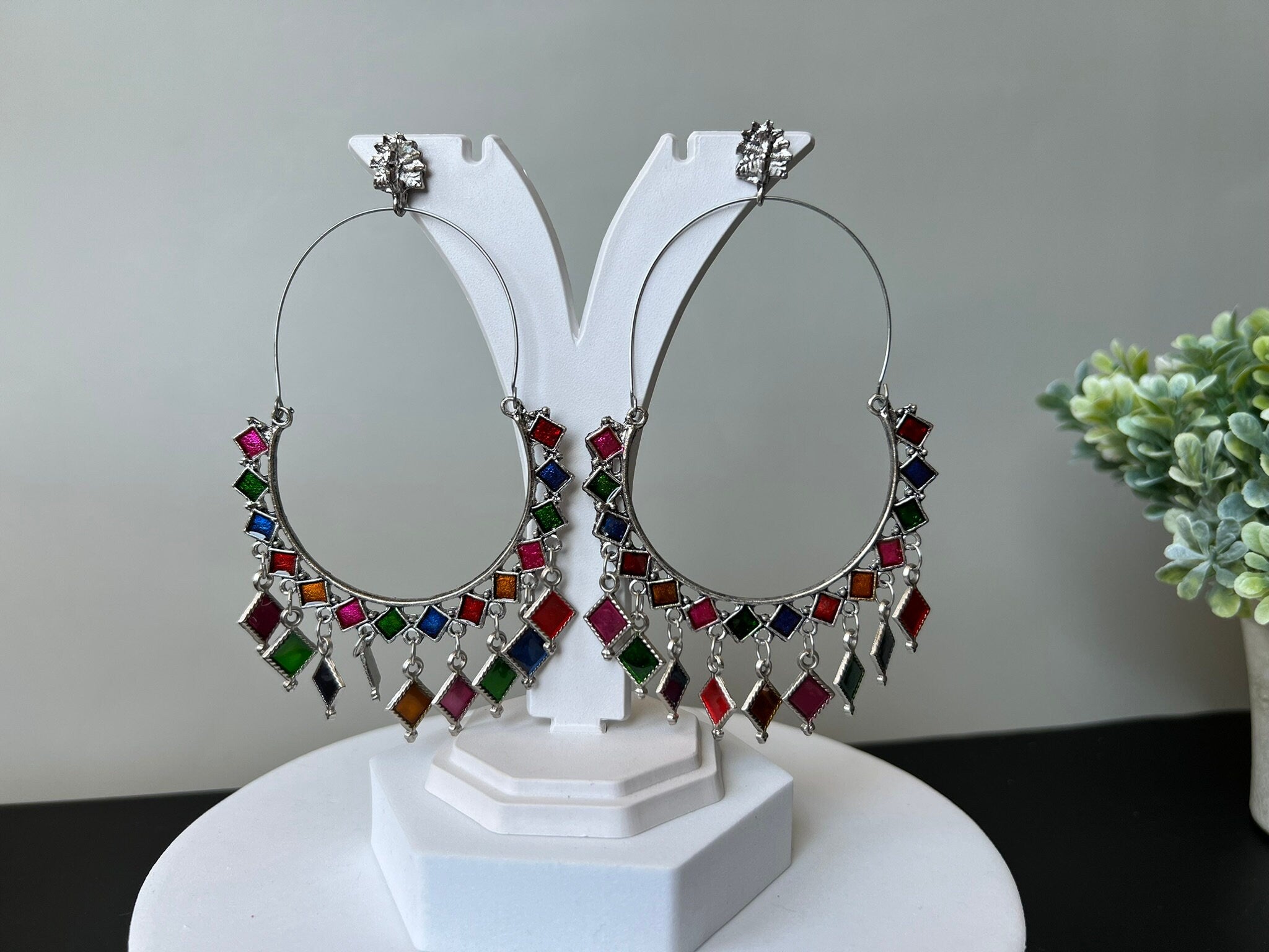 Oversized Multicolor Oxidized German silver Hoop earrings with Enamel details