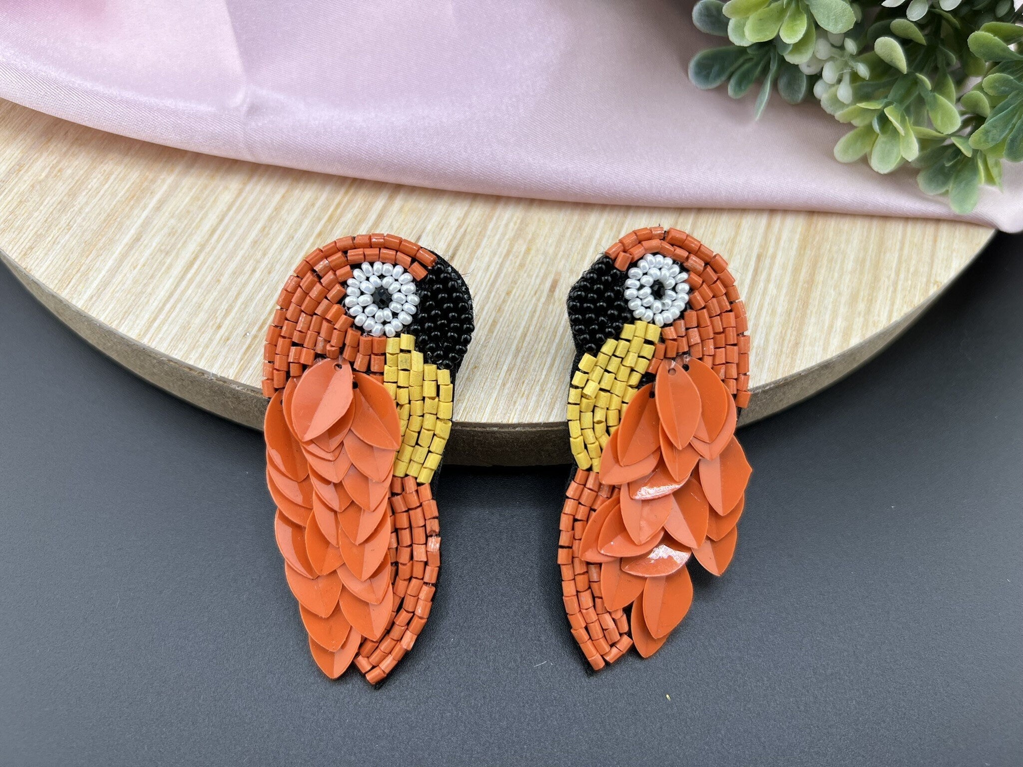 Orange Bird Beaded earrings, Quirky Handmade earrings