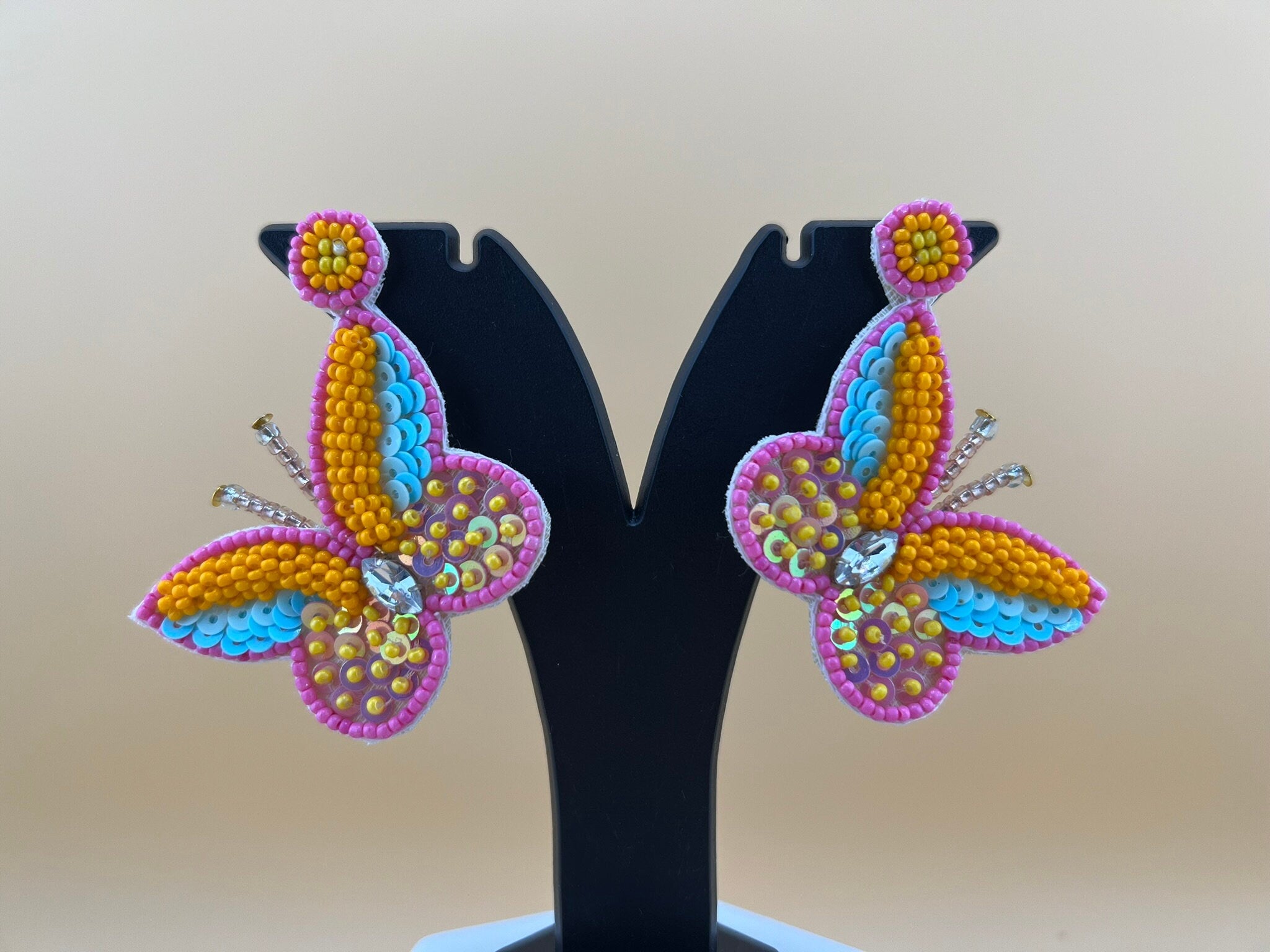 Pastel Orange Butterfly quirky Beaded earring, Handmade earrings