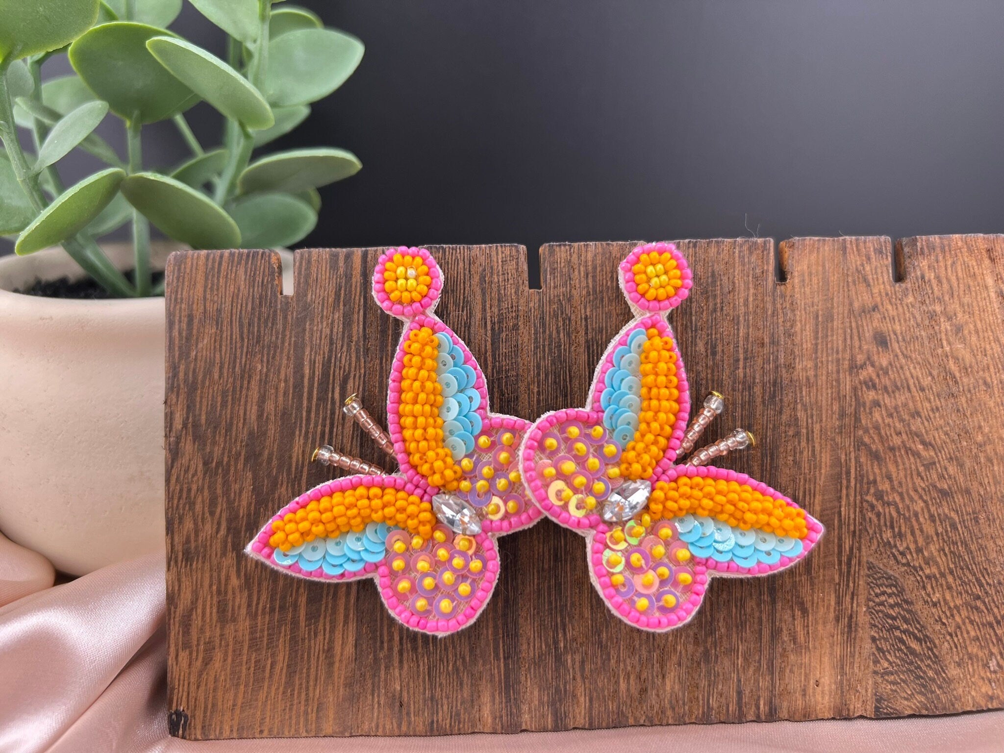 Pastel Orange Butterfly quirky Beaded earring, Handmade earrings