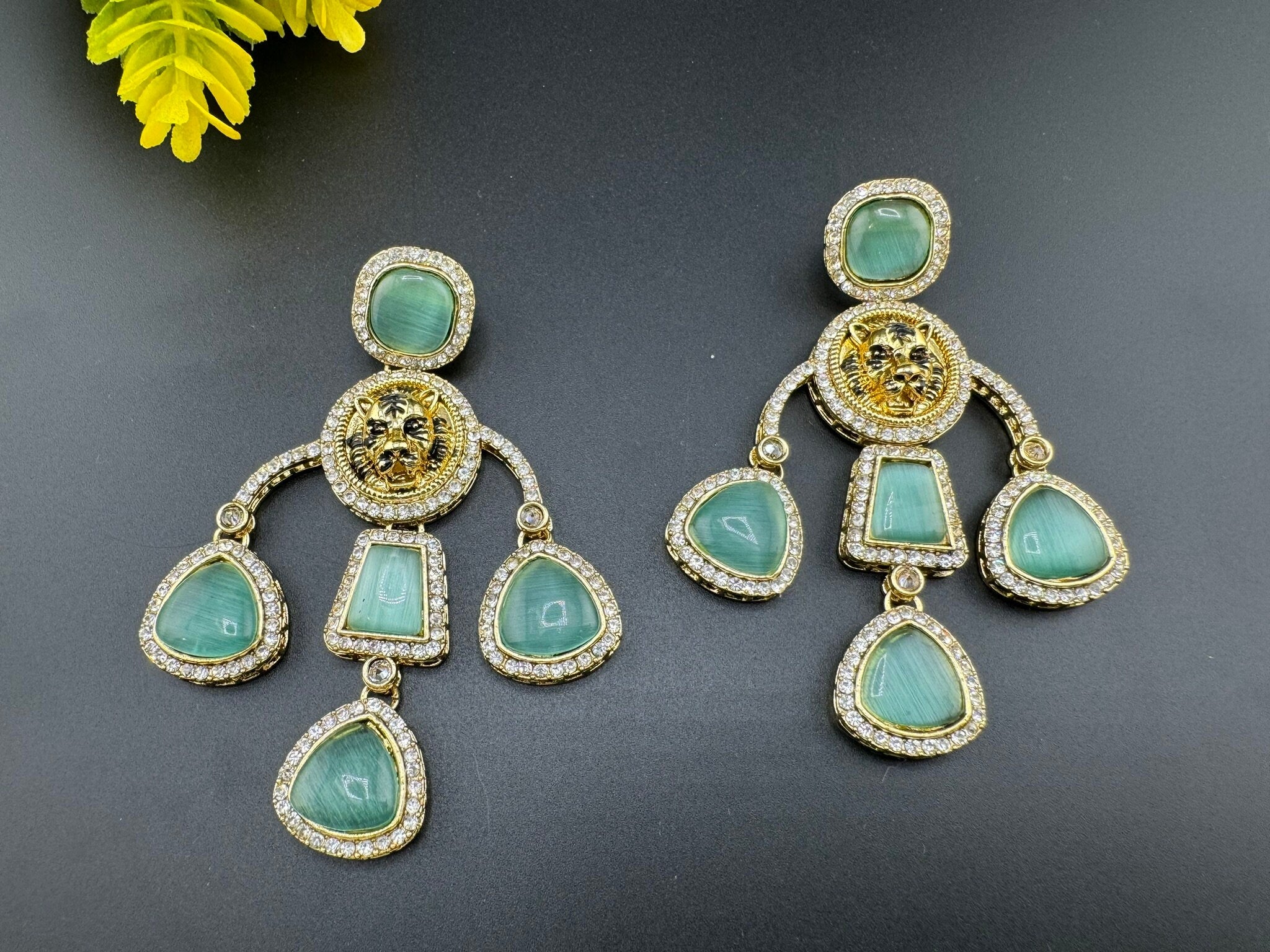 Premium Sabyasachi inspired designer Chand Bali earring Mint Green/Long Chandelier earring/Gold earring/Long Indian Earring/Bridal Earring