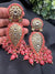 Exquisite detailed Gold and Coral color long Chand Bali Earrings with kundan and pearls