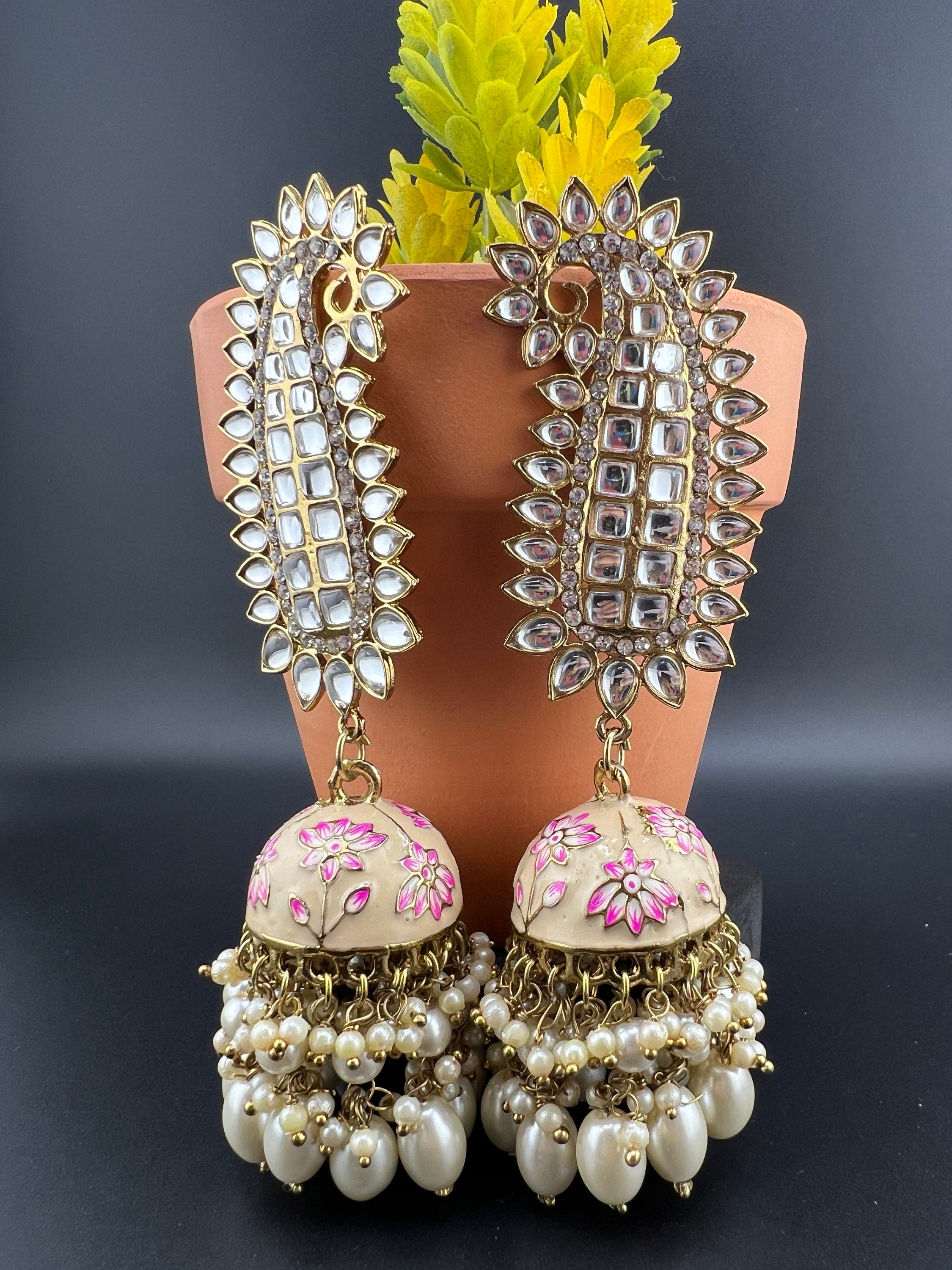 Ivory and Gold Long Jhumka with Minakari work, kundan and pearls details