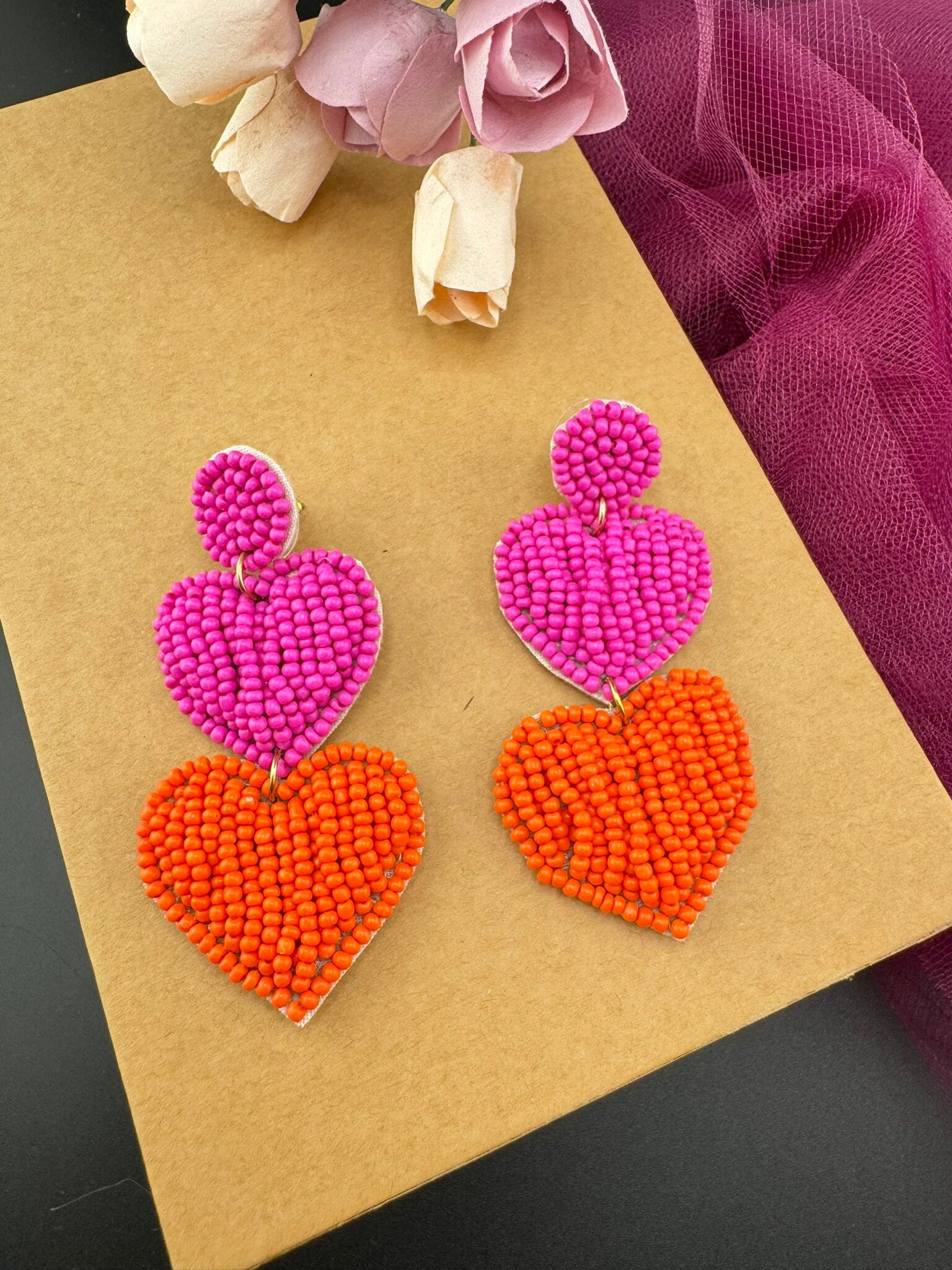 Beaded Pink and Orange Heart quirky Long earrings / Handmade earrings