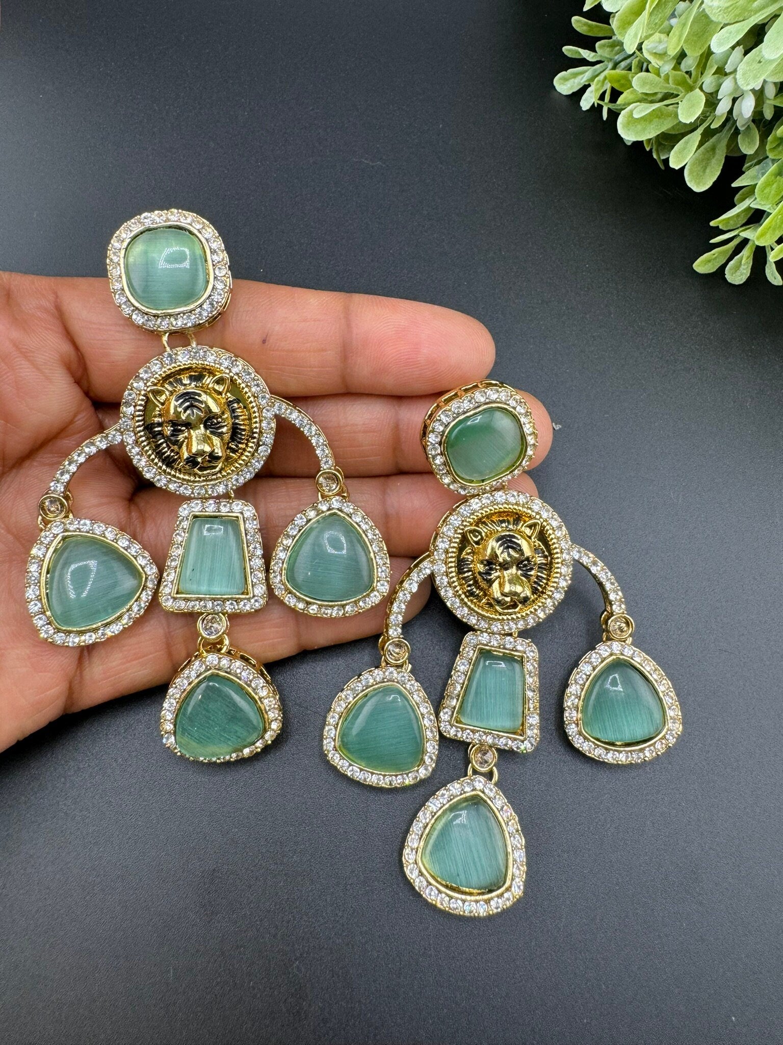 Premium Sabyasachi inspired designer Chand Bali earring Mint Green/Long Chandelier earring/Gold earring/Long Indian Earring/Bridal Earring