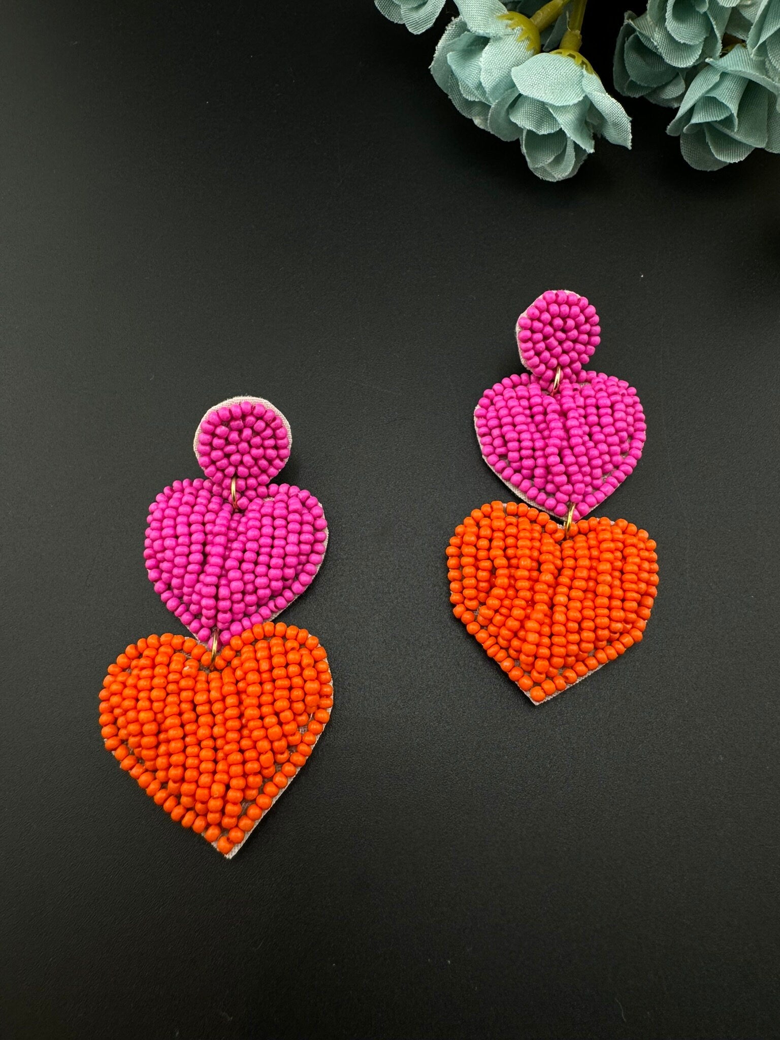 Beaded Pink and Orange Heart quirky Long earrings / Handmade earrings