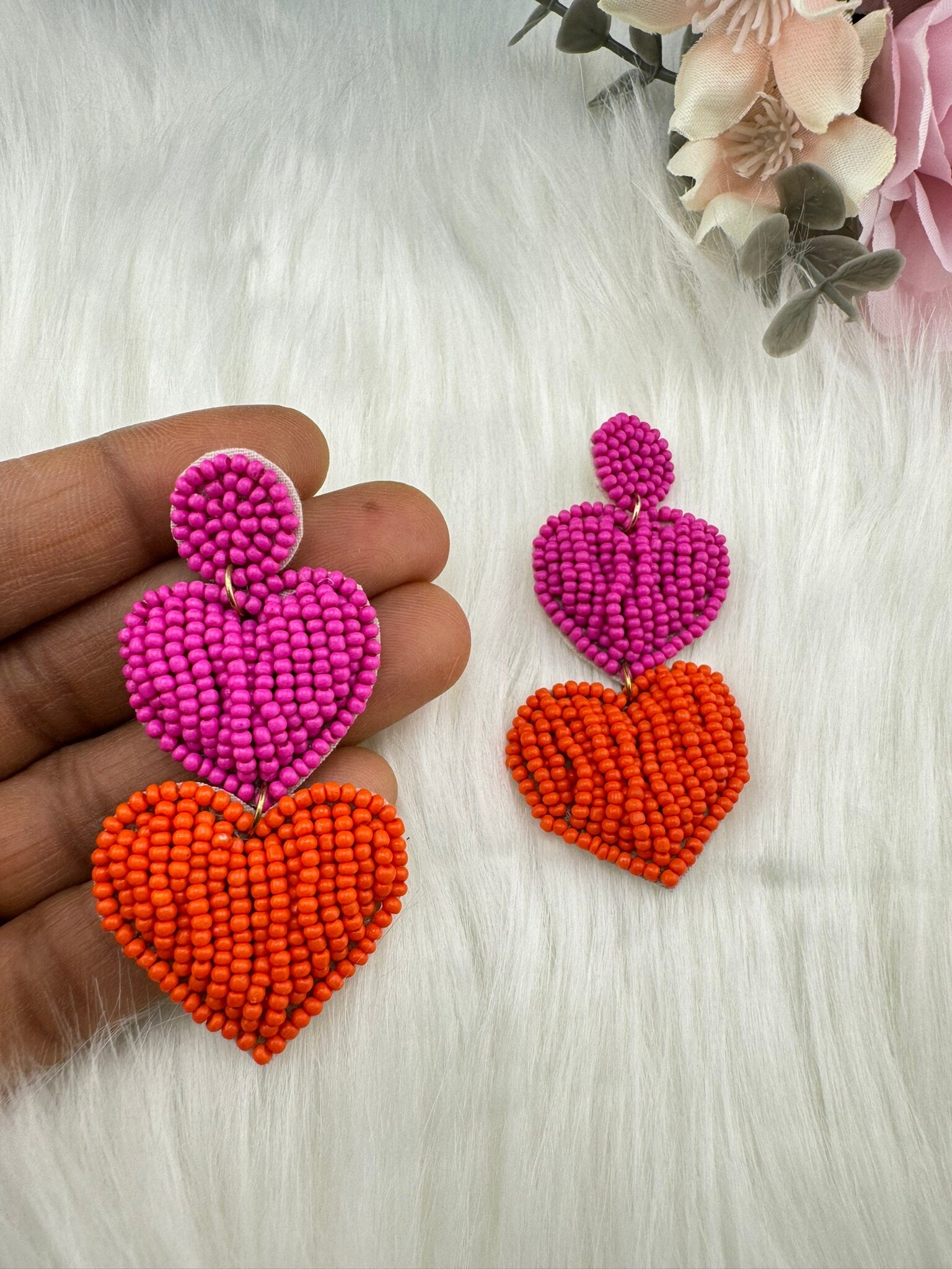 Beaded Pink and Orange Heart quirky Long earrings / Handmade earrings