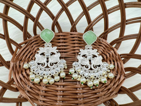 Silver Polish Premium Oxidized German silver Chand Bali with Mint/Light Green stones pearls Elephant Design/Boho Earring/Ethnic Earring