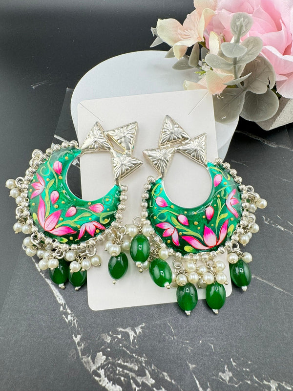 Silver Polish Premium Oxidized German silver Chand Bali Emerald Green Minakari pearls/Boho Earring/Ethnic Earring/exceptional Shine