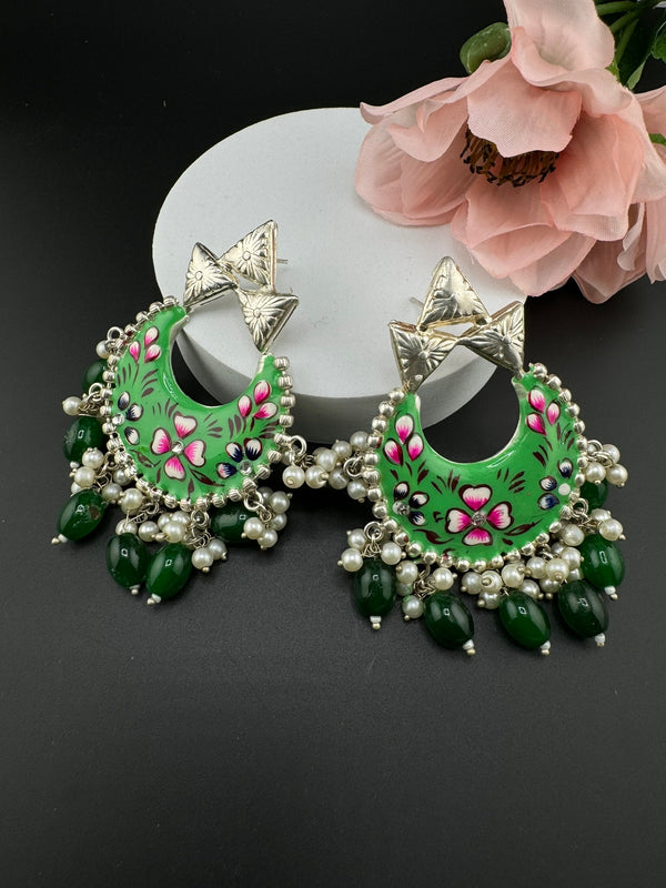 Silver Polish Premium Oxidized German silver Chand Bali Light Green Minakari pearls/Boho Earring/Ethnic Earring/has exceptional Shine