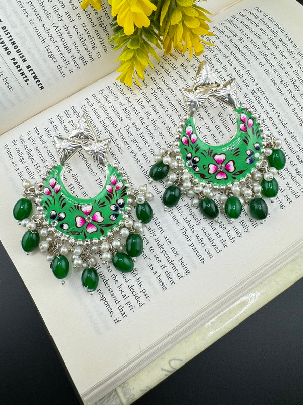 Silver Polish Premium Oxidized German silver Chand Bali Light Green Minakari pearls/Boho Earring/Ethnic Earring/has exceptional Shine