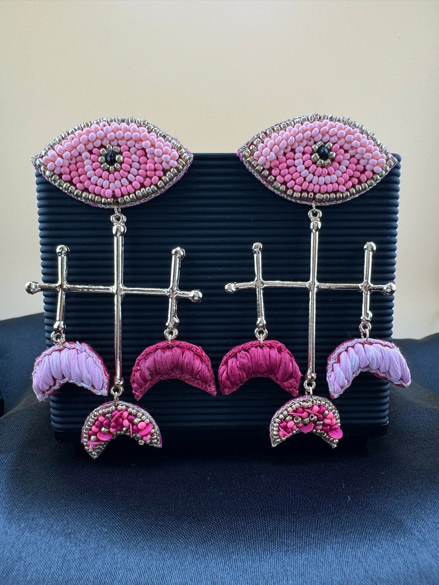 Beaded Pink Maroon and Gold Evil Eye unique quirky earring/Handmade/Statement Boho Earring/Beaded earring/Ethnic Earring/Valentines Love