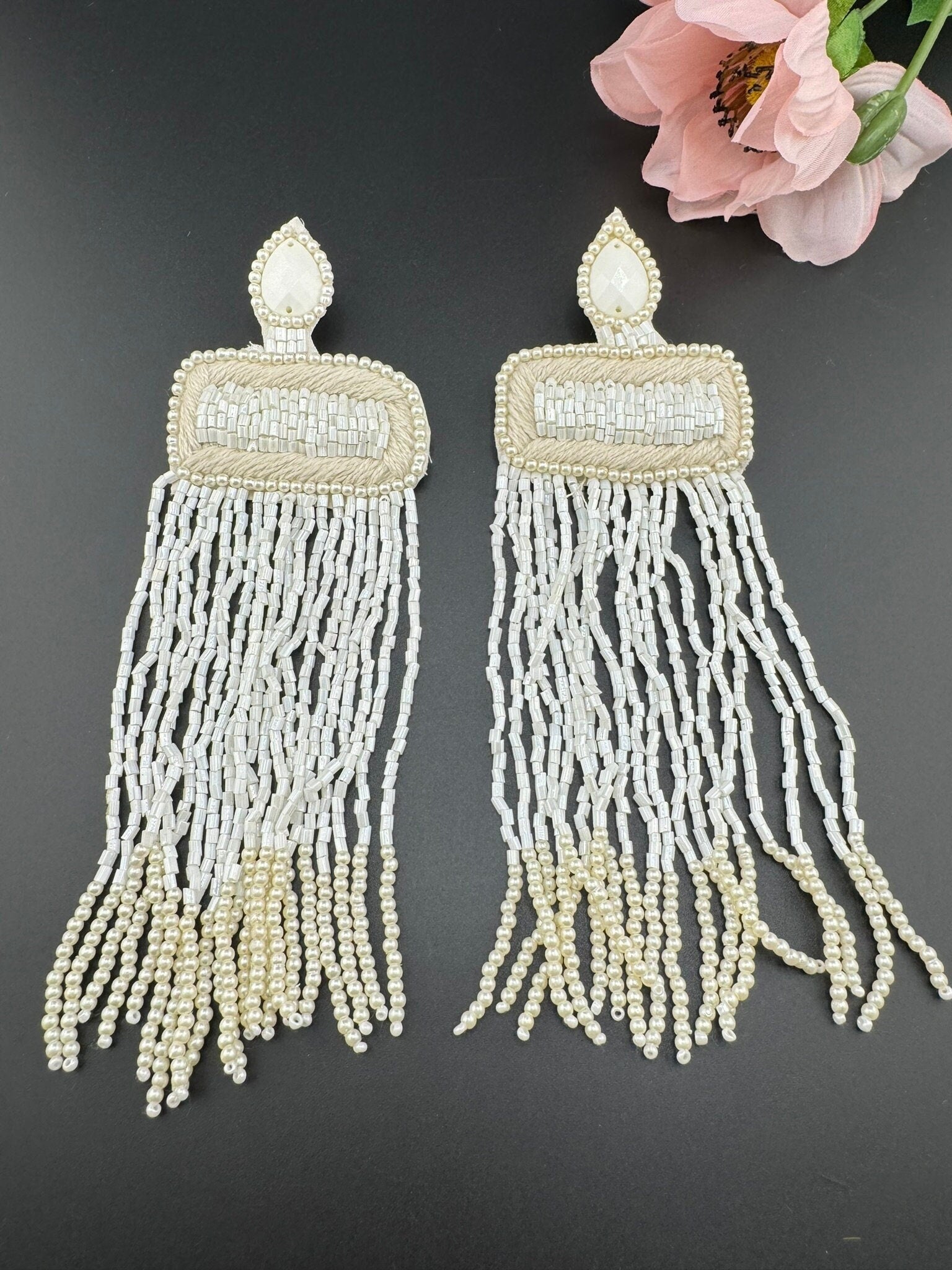 Beaded Long Oversized White Gold Beaded Tassel earring/Handmade earrings
