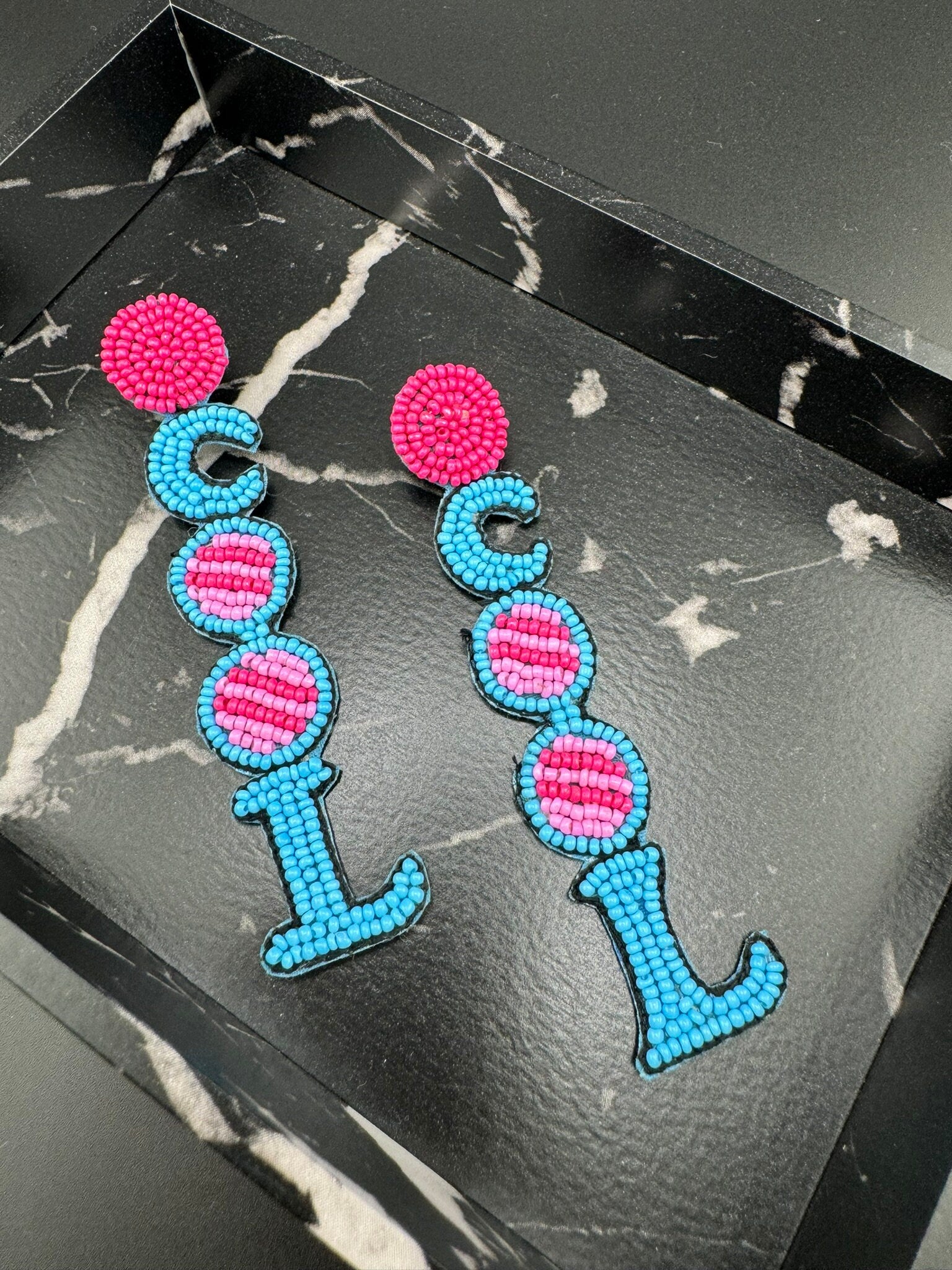 Beaded Pink and Blue COOL quirky long earrings /Handmade long earrings