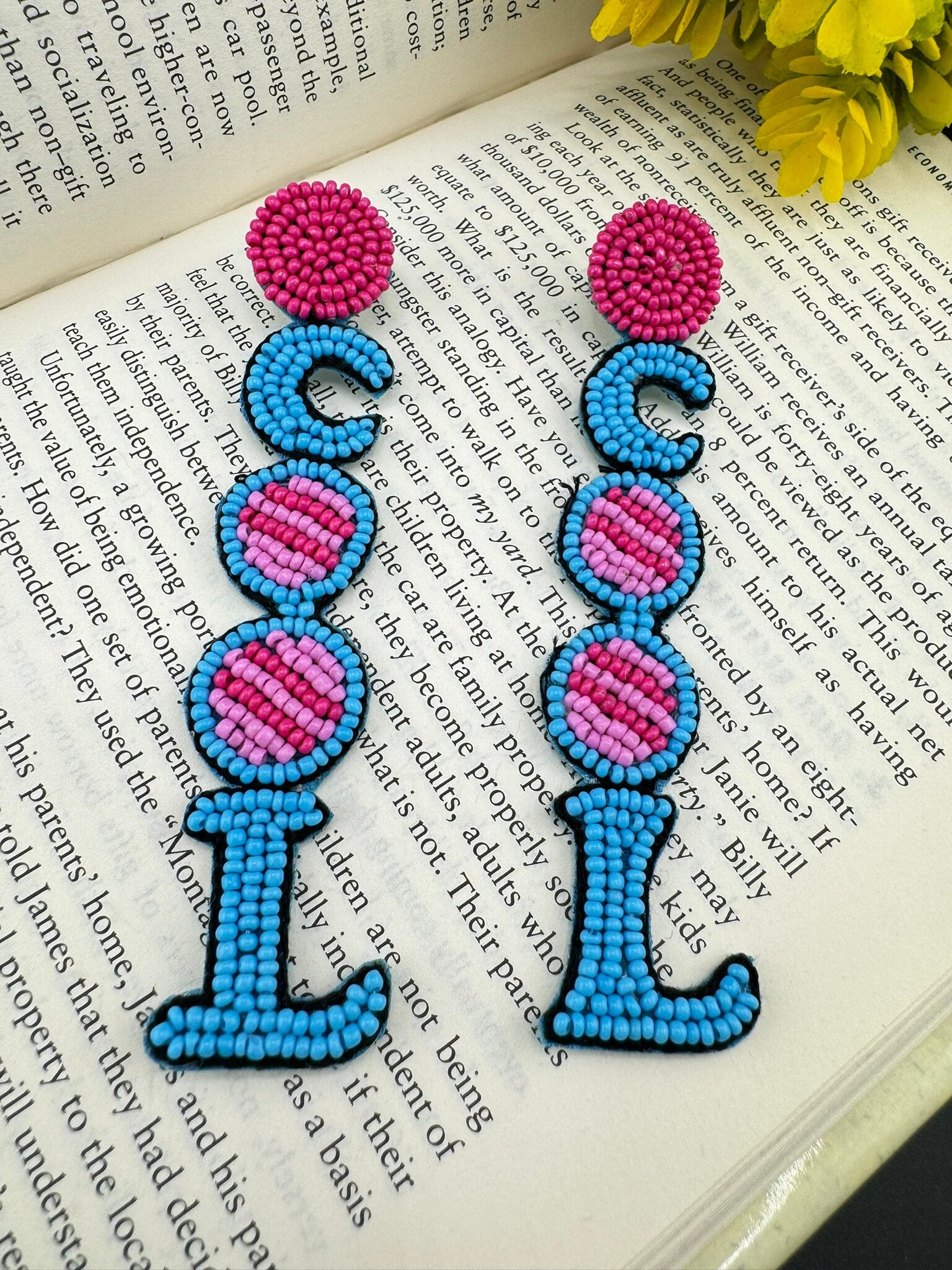 Beaded Pink and Blue COOL quirky long earrings /Handmade long earrings