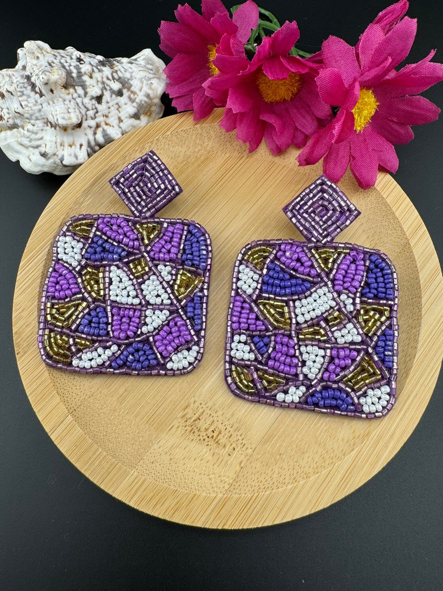 Beaded Purple and Lavender Square quirky beaded earring/Handmade earrings