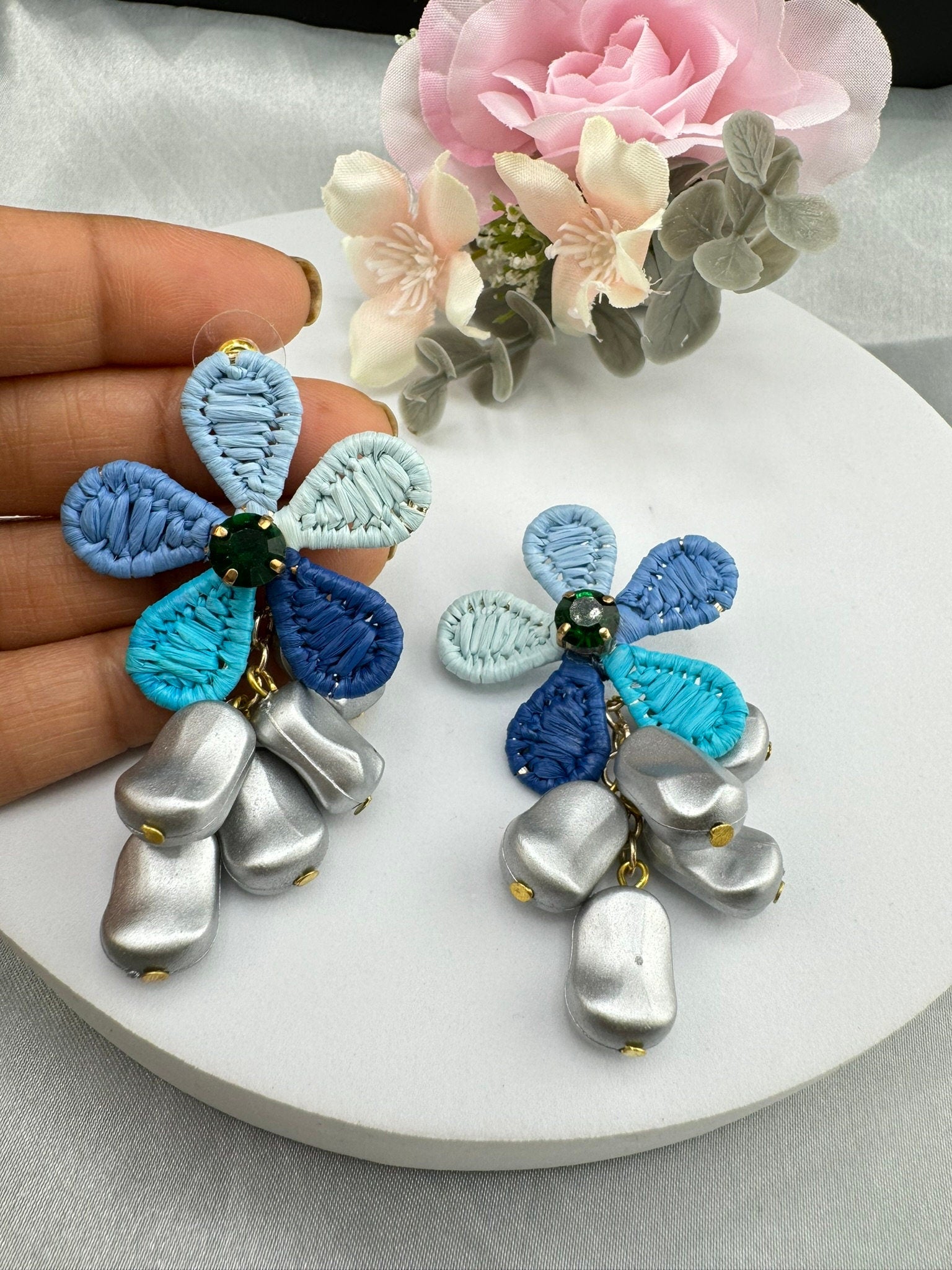 Threaded Blue Flower with Pearls dangle quirky earring/Handmade earrings
