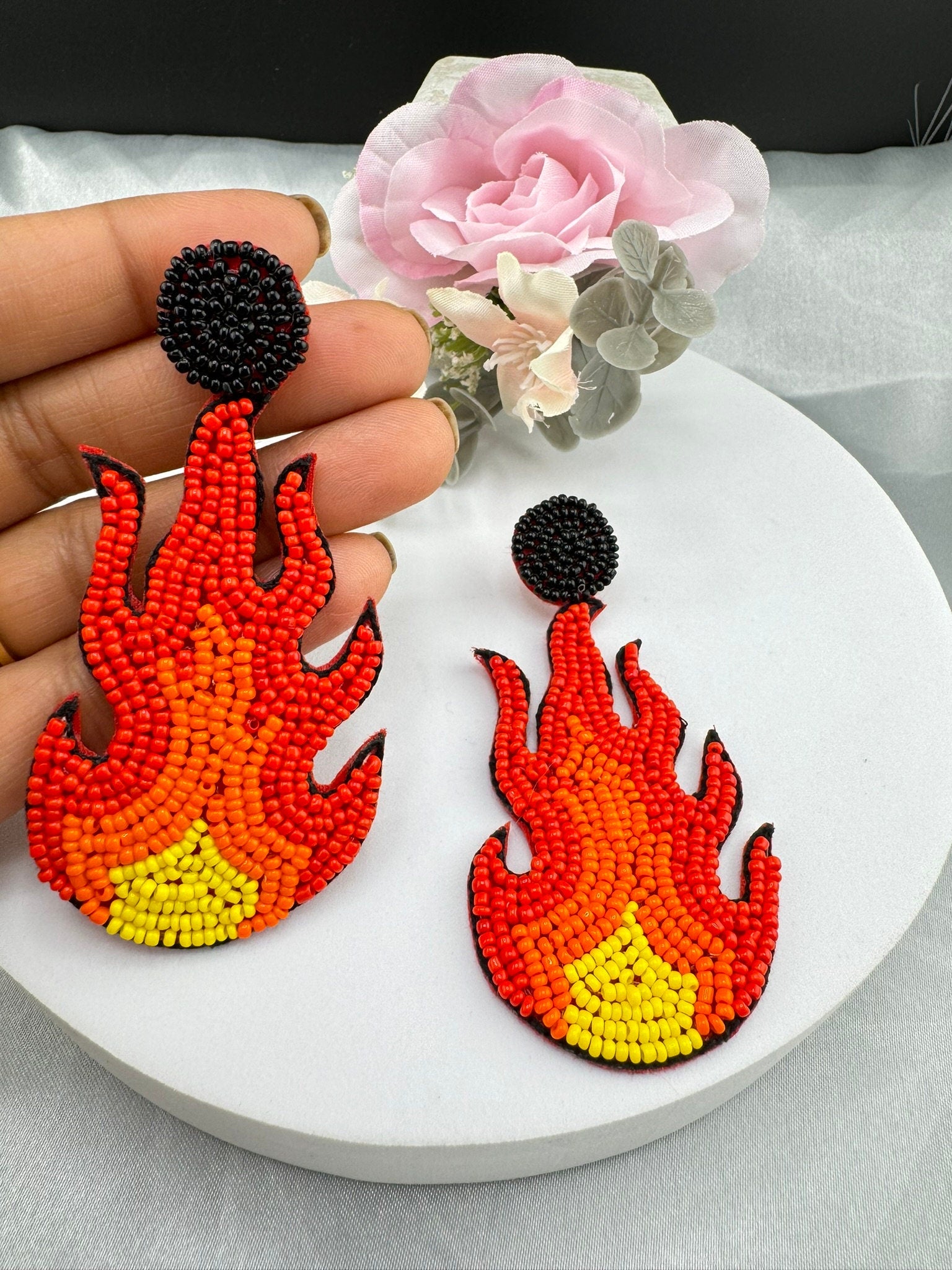 Beaded Orange and Red FIRE quirky beaded earring/Handmade earrings