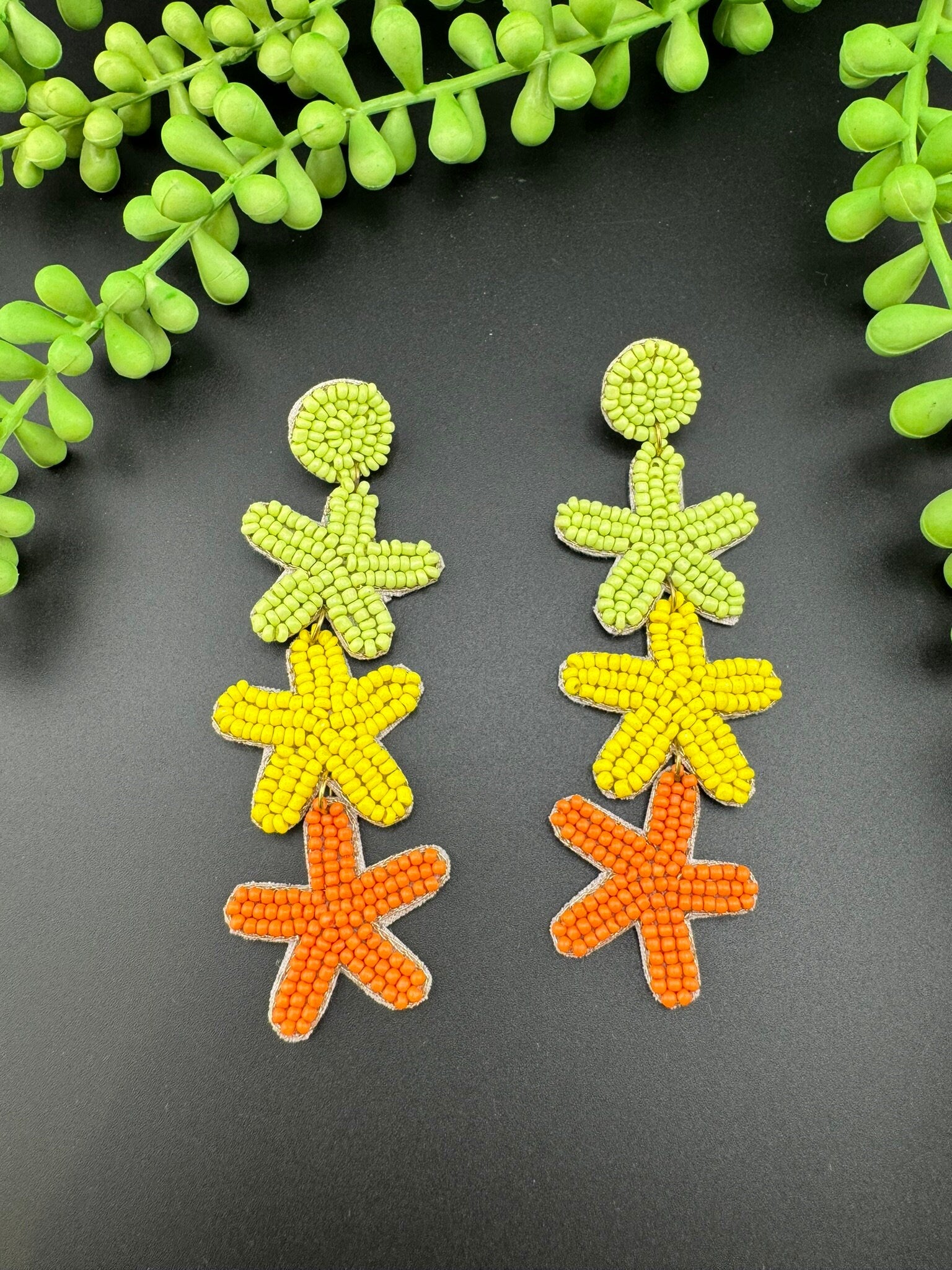 Beaded Multicolor long three star quirky earrings / Handmade earrings