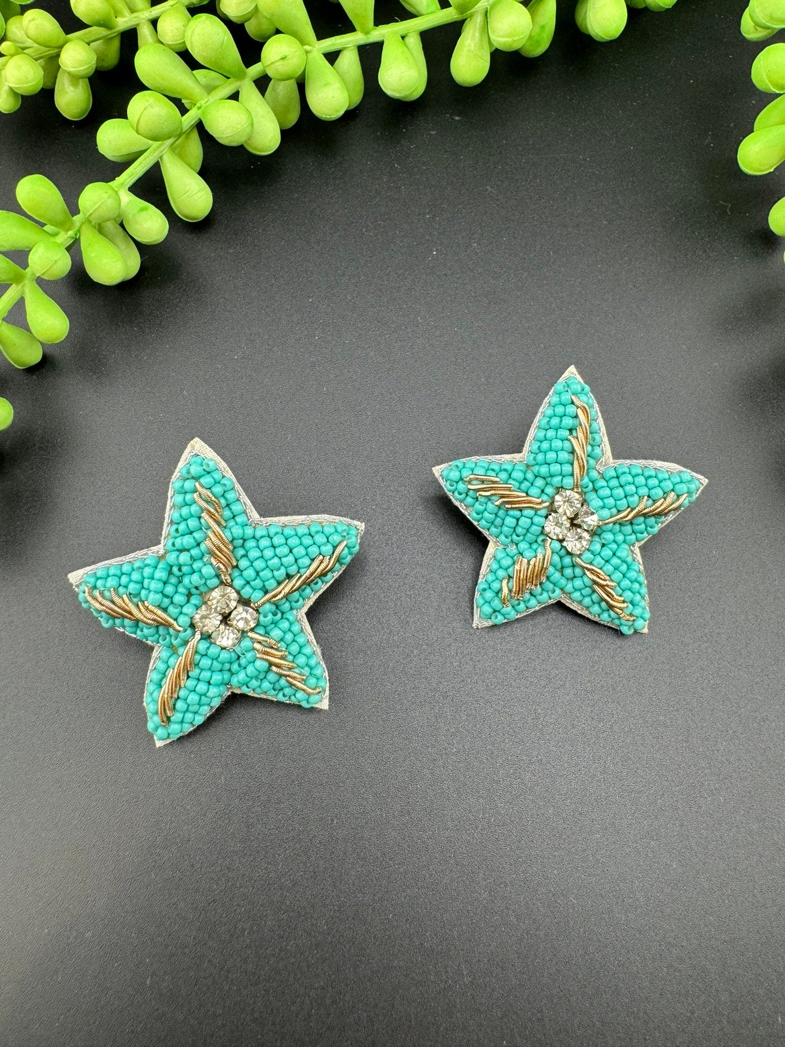 Beaded Turquoise star quirky Stud earrings / Handmade earrings