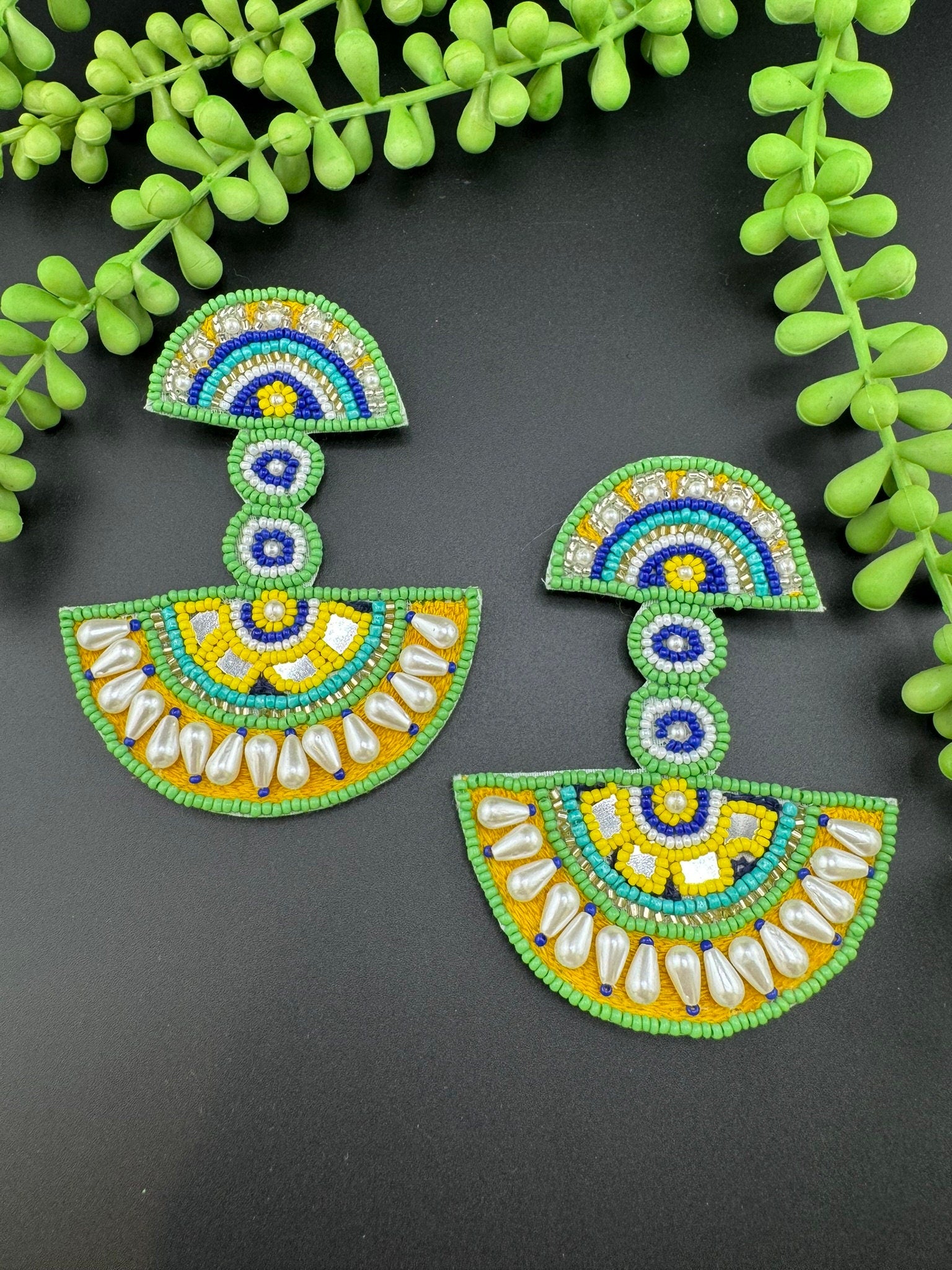 Beaded Oversized Long Quirky Green earring/Handmade Oversized earrings