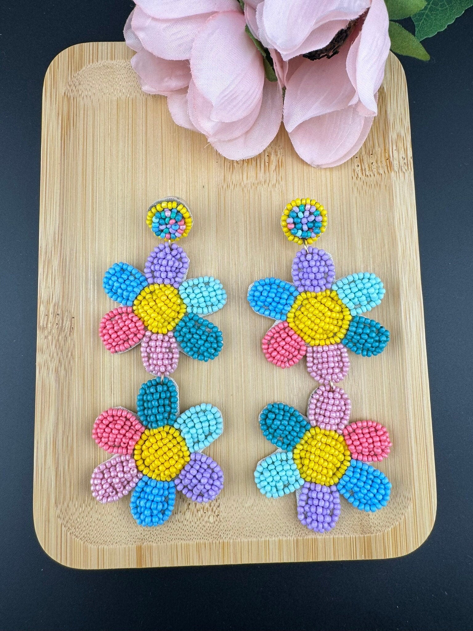 Beaded multicolor Long Quirky flower earrings / Handmade earrings