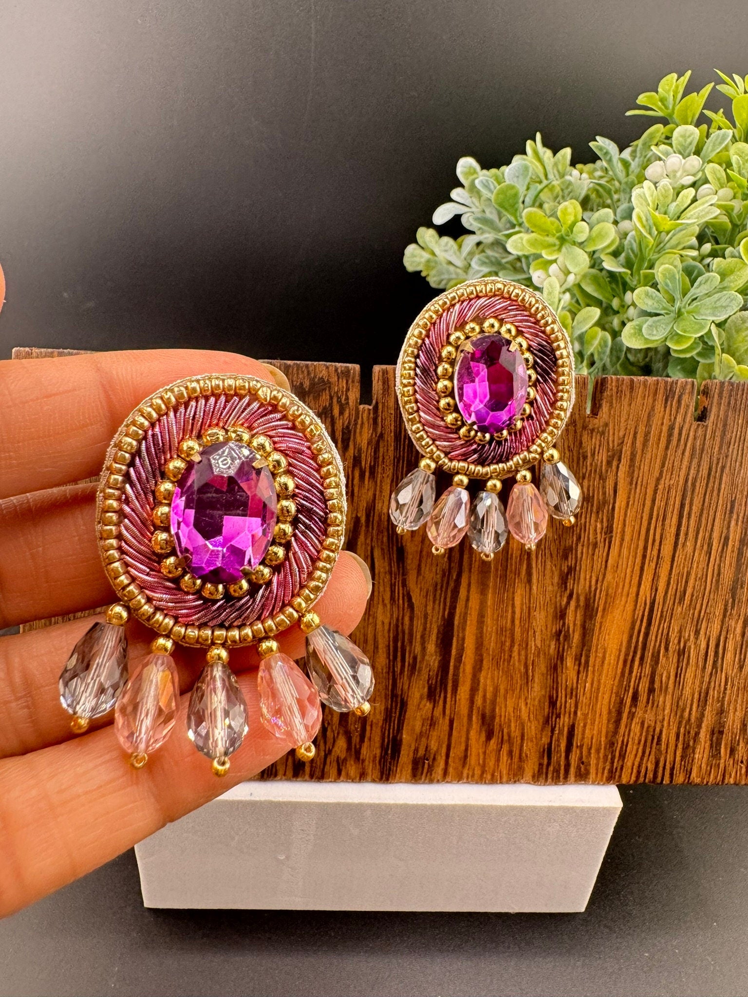 Beaded Crystal Purple Oval Big Studs Quirky earring/Handmade earrings