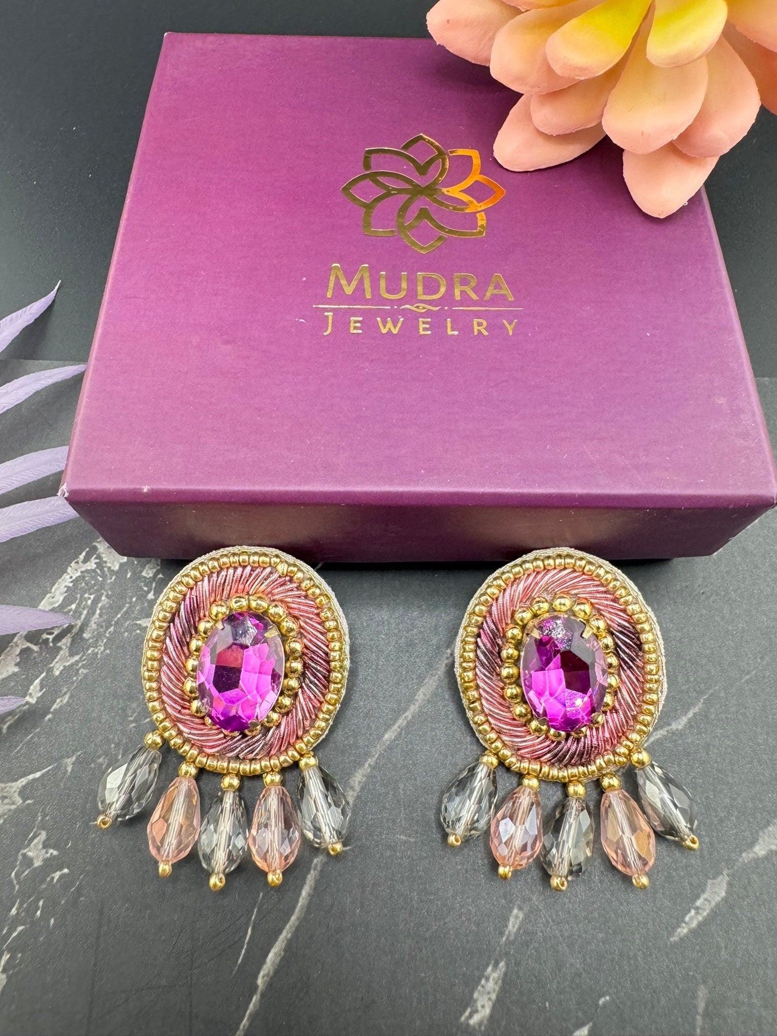 Beaded Crystal Purple Oval Big Studs Quirky earring/Handmade earrings