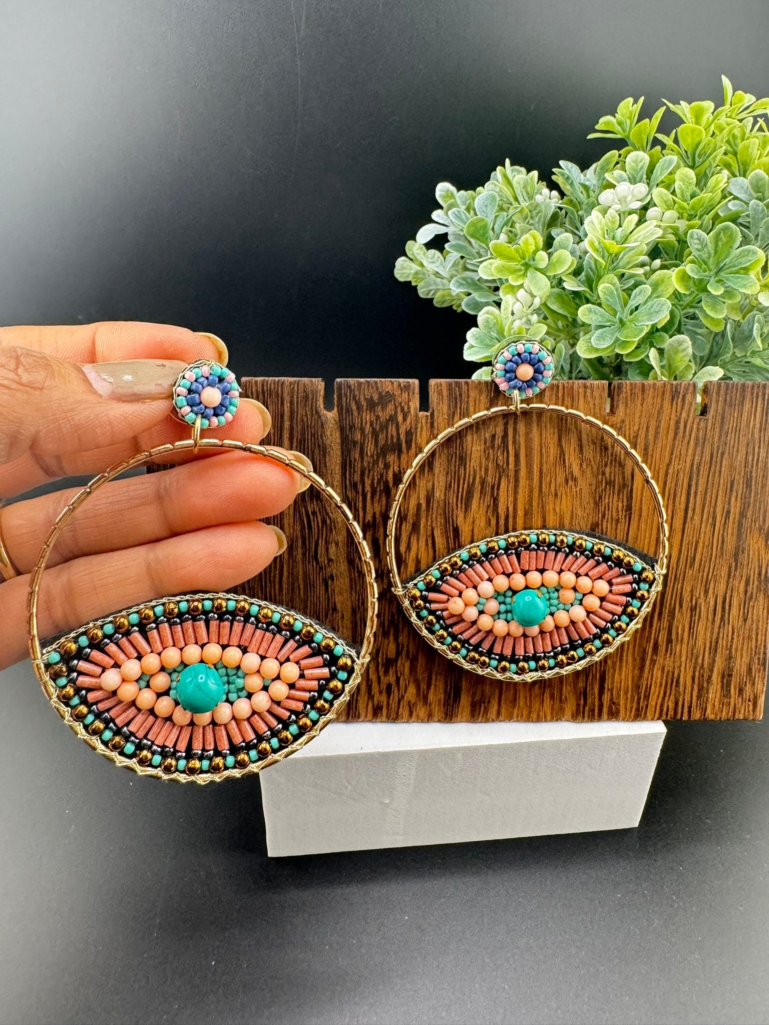 Evil Eye Big Quirky Beaded Hoop earrings
