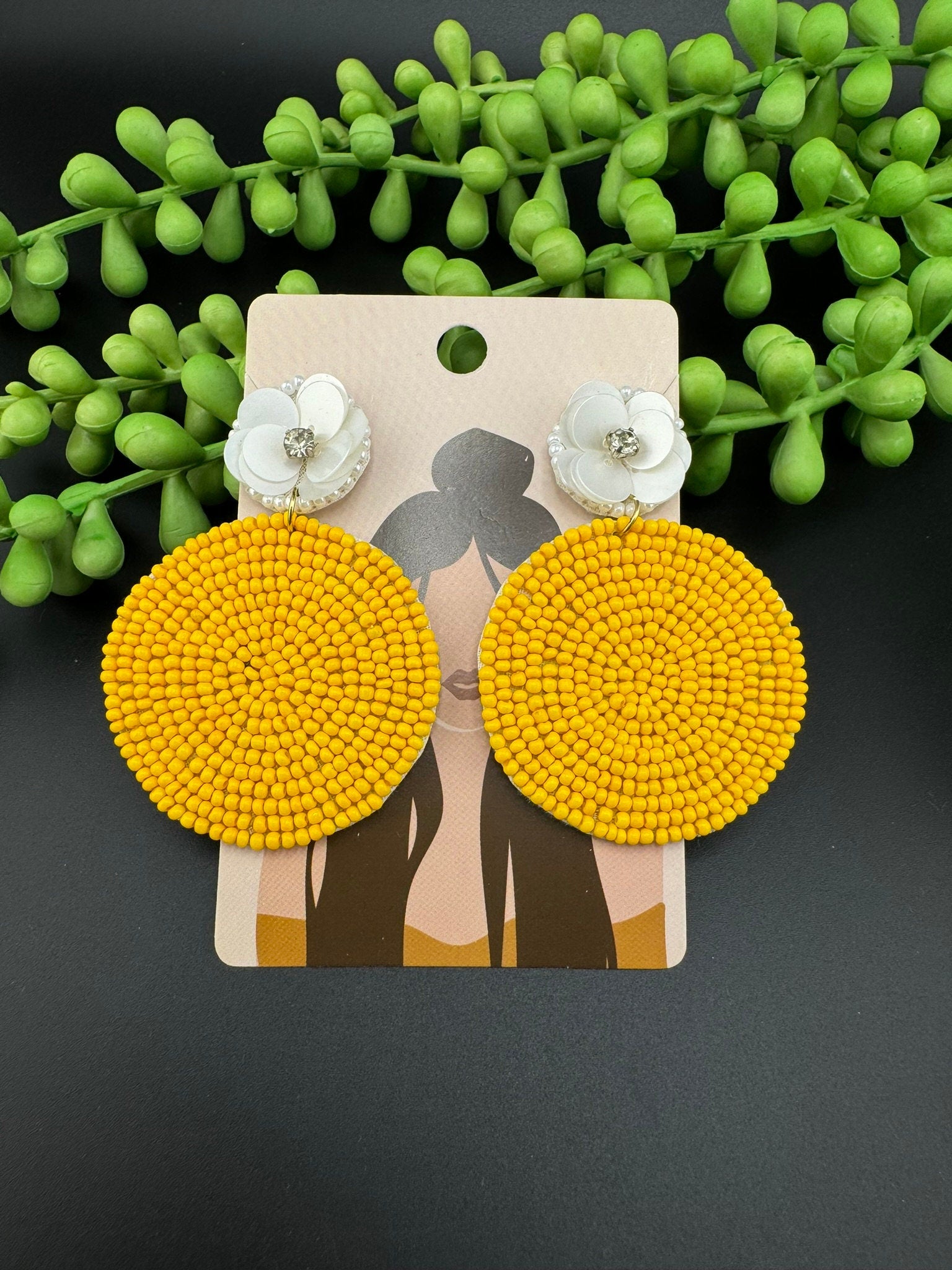 Yellow and white circle Quirky Beaded earrings