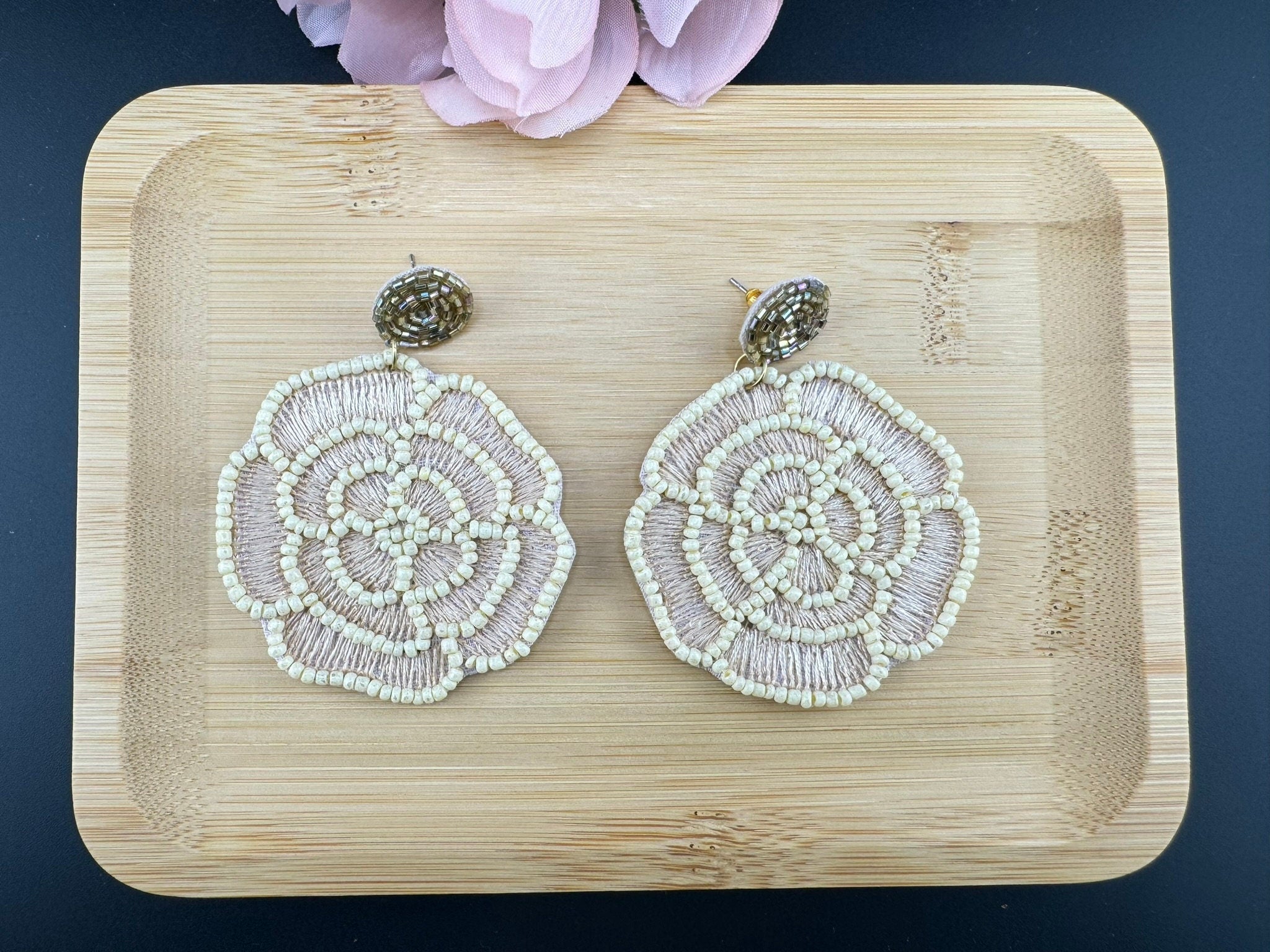 Gold and Beige Rose Beaded earrings, Quirky Earrings