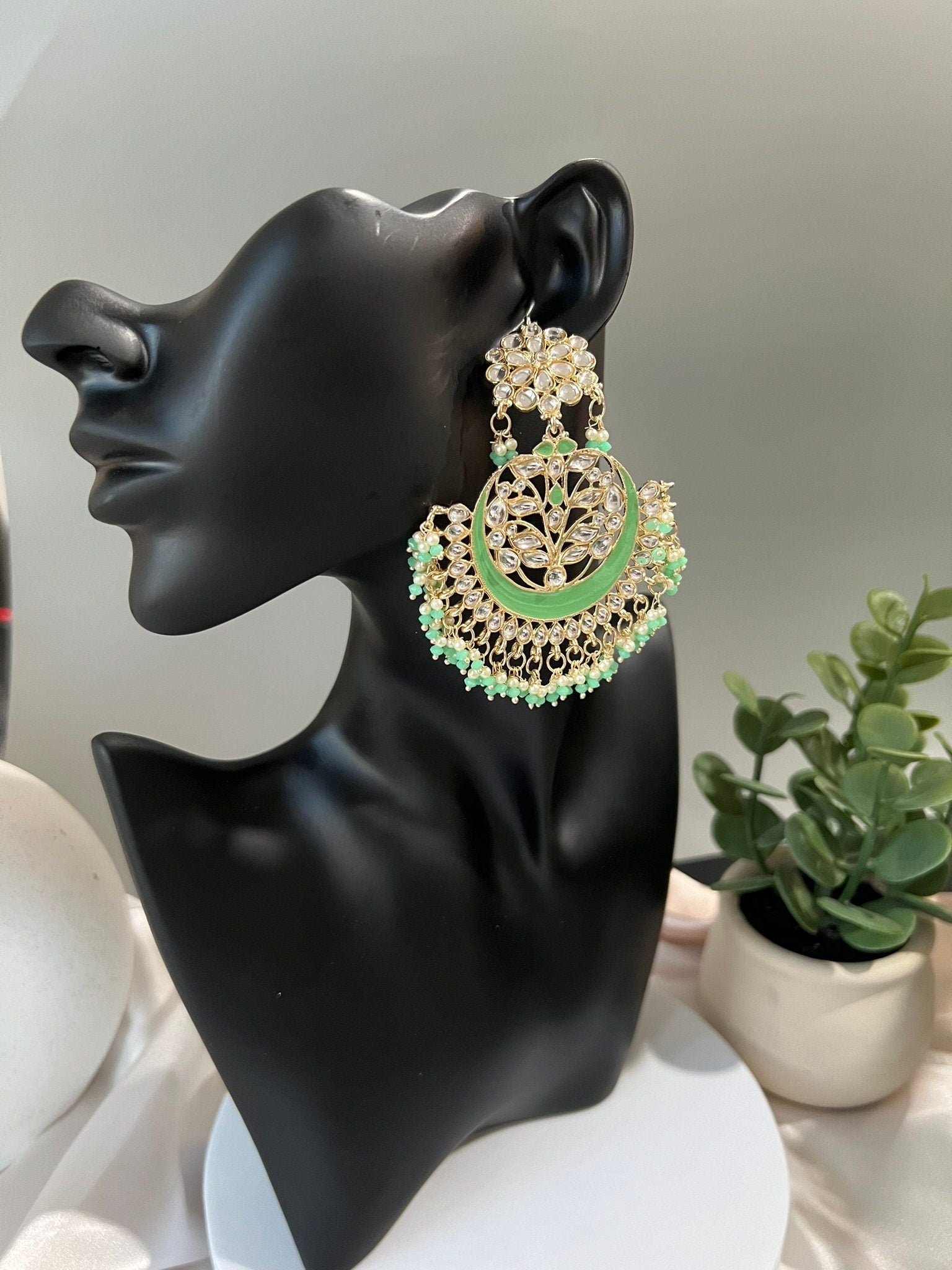 Parrot Green Punjabi Chandbali with Minakari, kundan and pearls