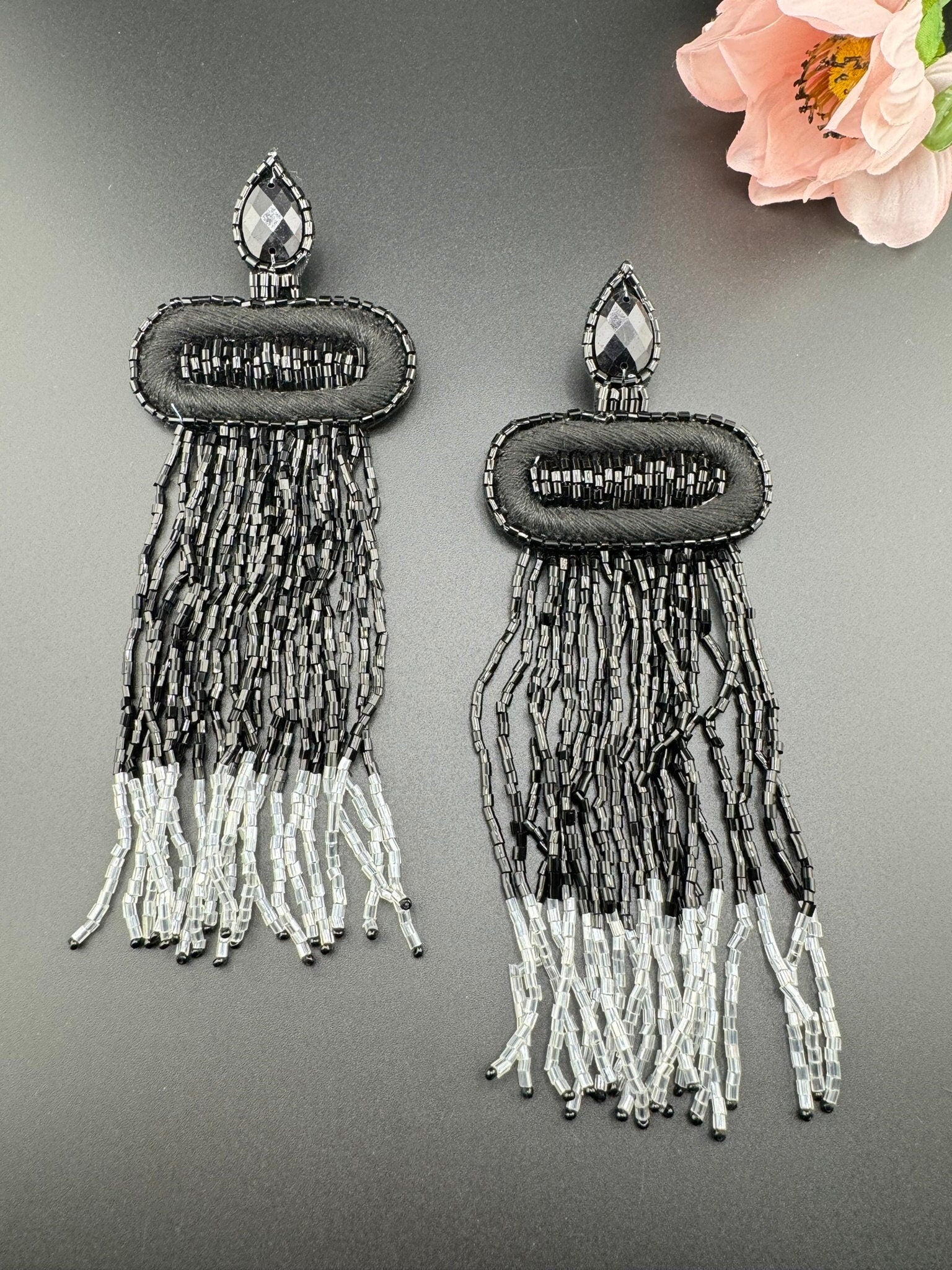 Beaded Long Oversized Black Silver Beaded Tassel earring/Handmade earrings