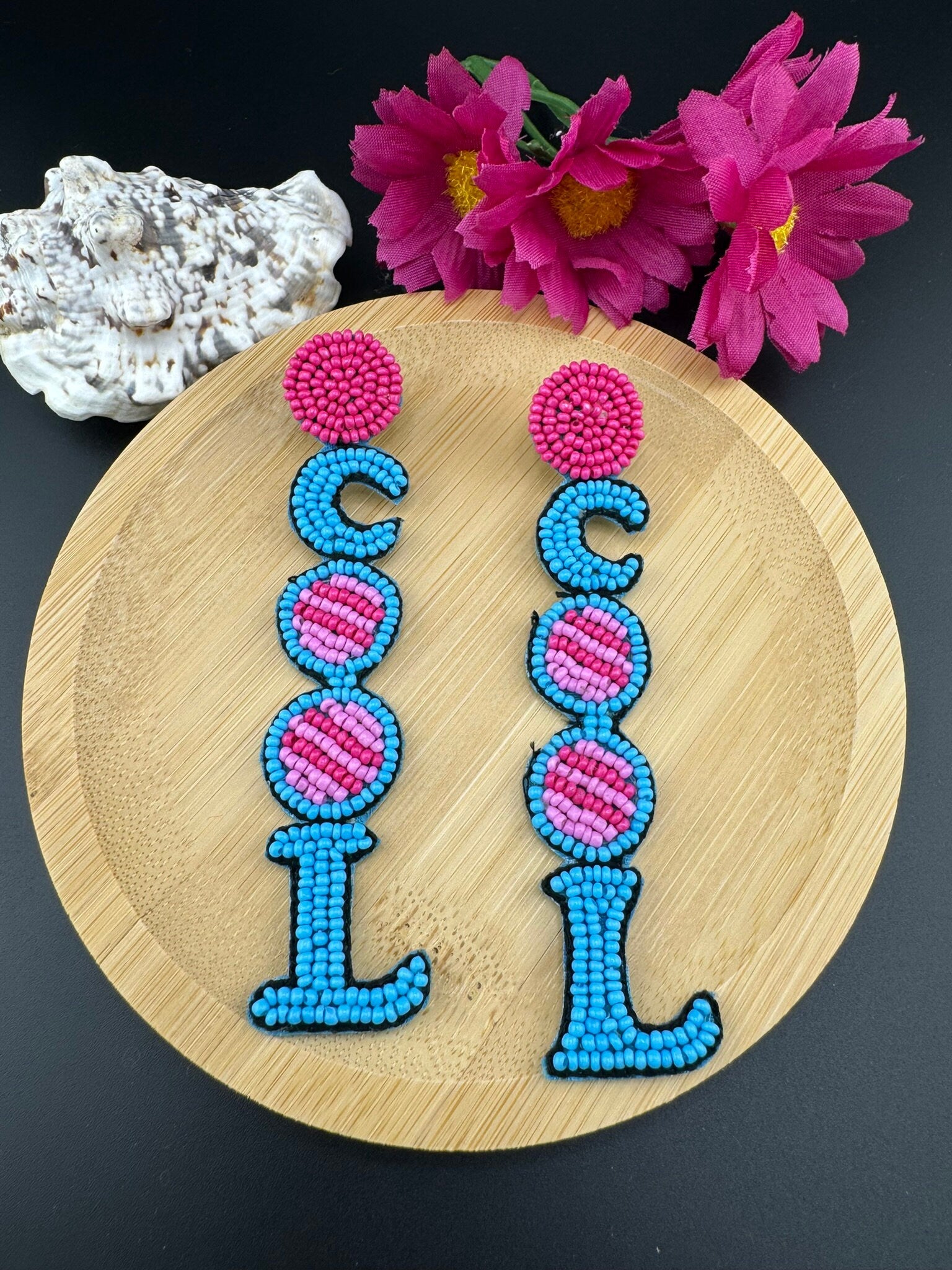 Beaded Pink and Blue COOL quirky long earrings /Handmade long earrings